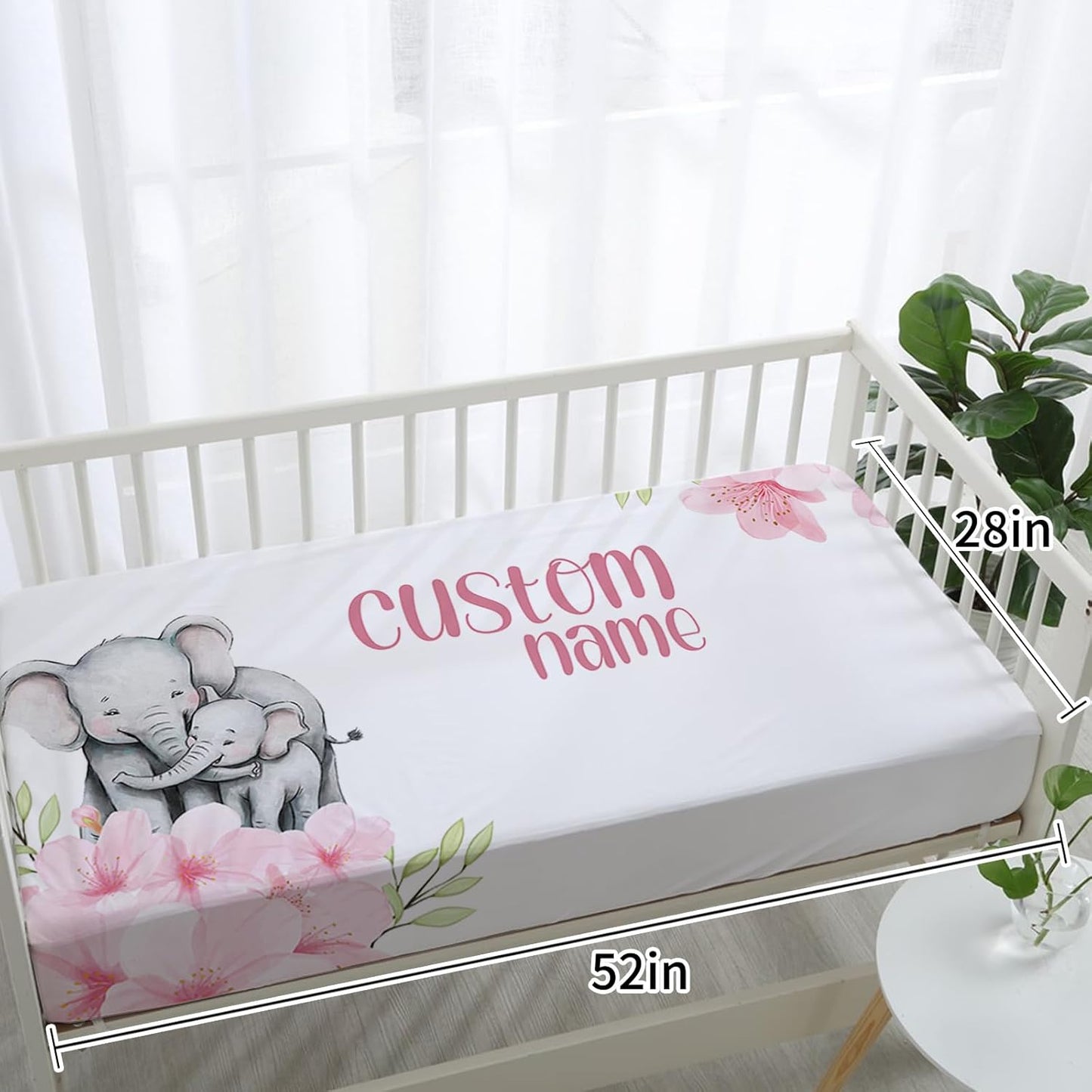 Personalized Baby Crib Bedding Set for Baby Girls, Pink Flower Elephant Design Custom Name Baby Crib Sets 5-Pcs, Toddler Double Layer Blanket Fitted Sheets Changing Pad Cover Rug Wall Art Set