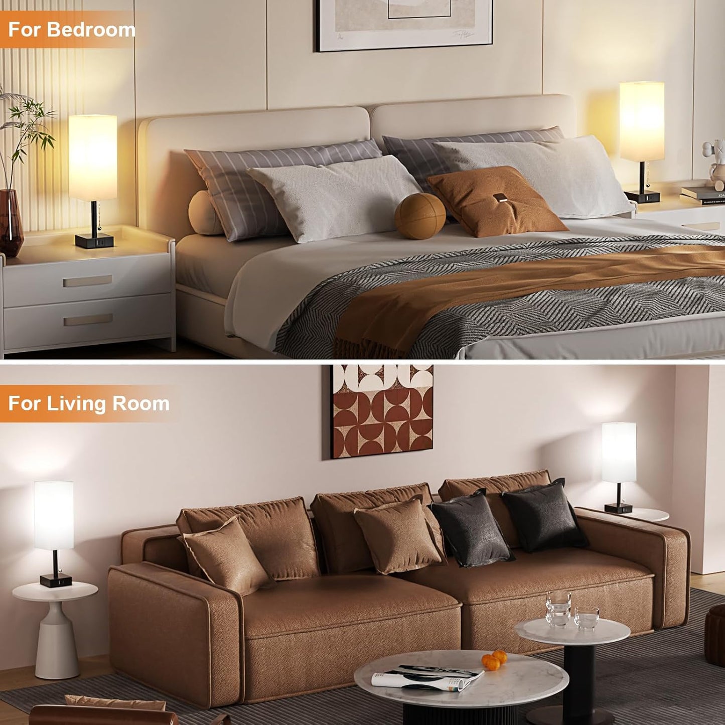 Bedside Table Lamps Set of 2 - Small White Bedroom Lamps with 3 Color Temperatures (3000K/5000K/4000K), Square Nightstand Lamp with USB C + A Charging Ports, Pull Chain Night Light