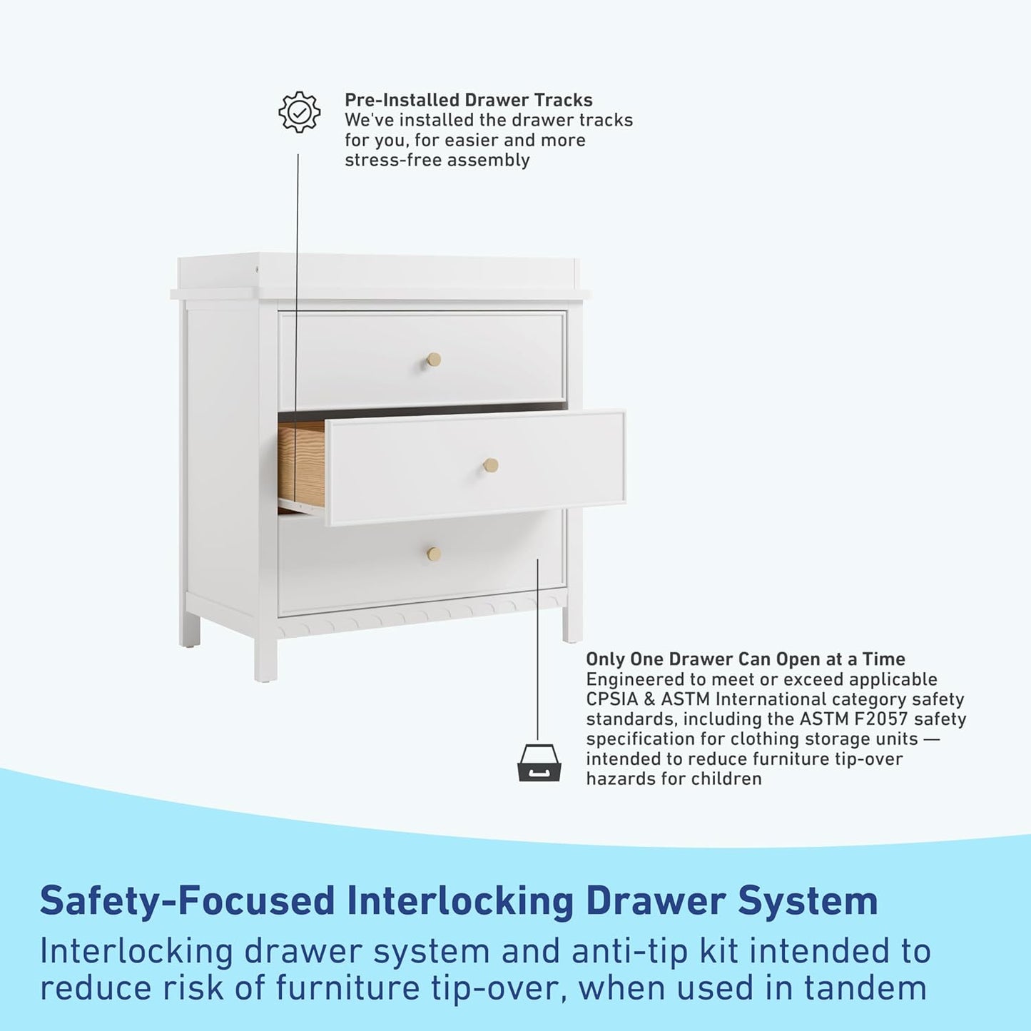 Graco Sasha 3-Drawer Chest with Changing Table Topper (White) – GREENGUARD Gold Certified, Nursery Bedroom Wood Chest with Spacious Storage, Interlocking Drawer System, Pre-Installed Tracks