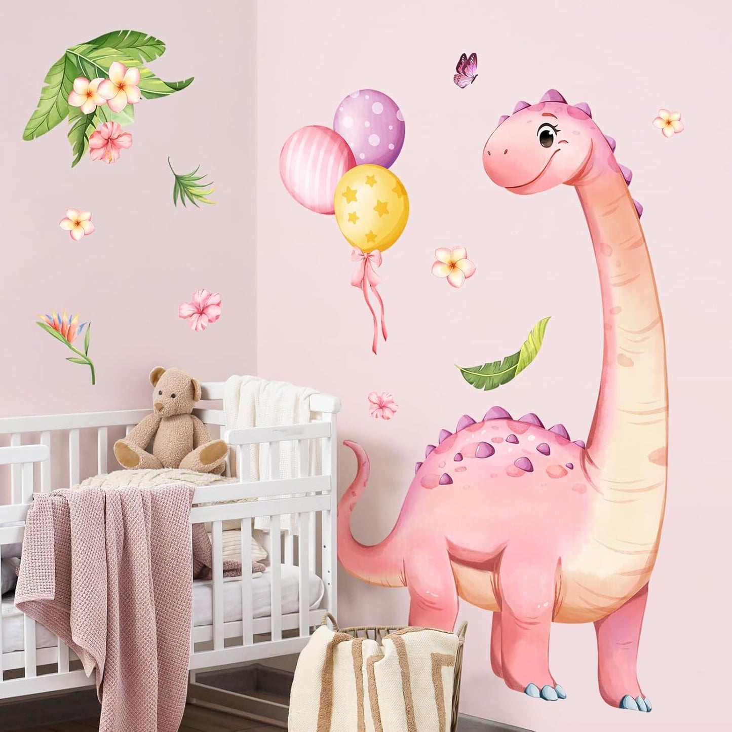 Large Pink Dinosaur Wall Decals Cartoon Dino Balloon Flower Wall Stickers Peel and Stick Wall Art Decor for Girls Baby Nursery Kids Bedroom Playroom Classroom Toddlers Wall Decor