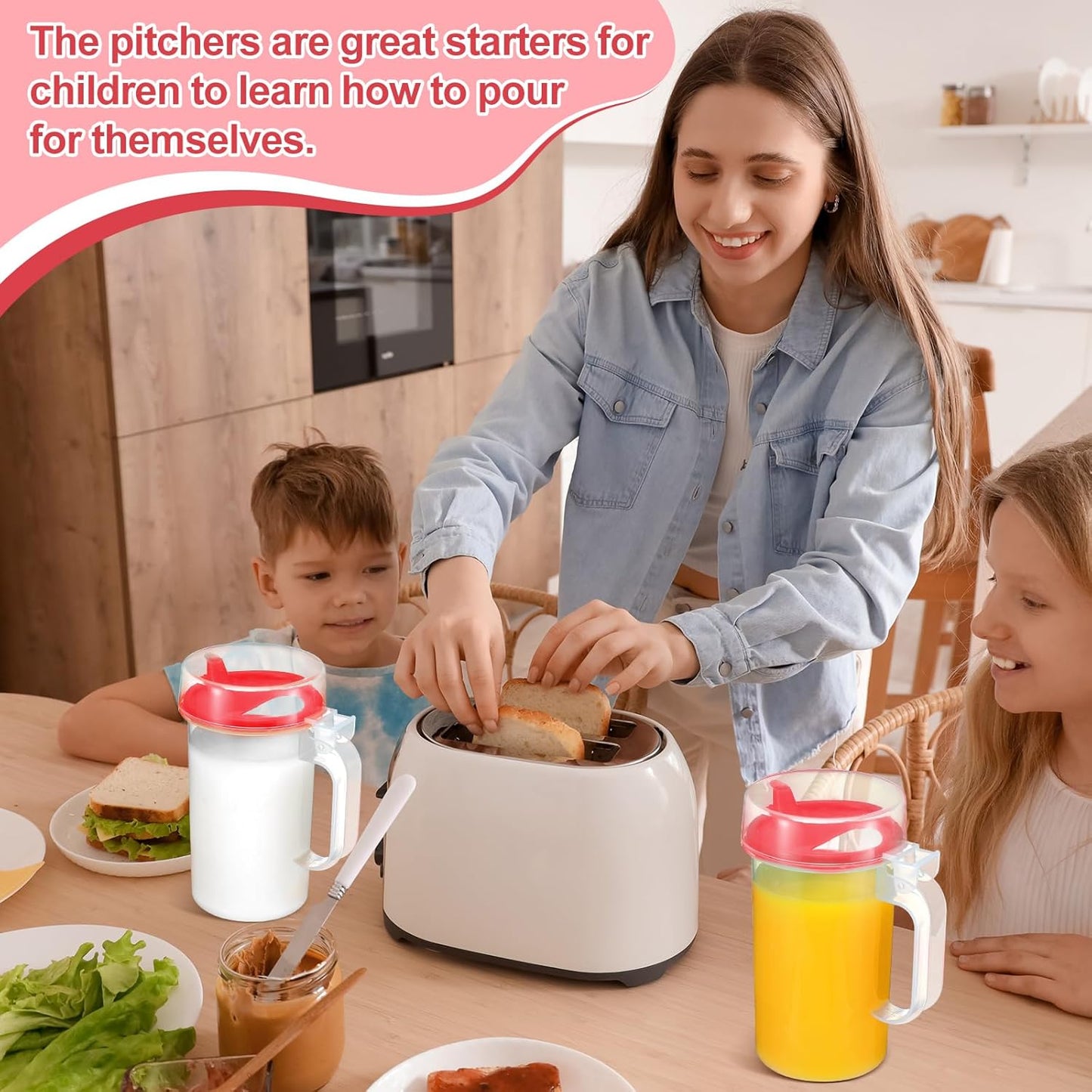 Newtay 6 Pack Early Learning Kids Easy Pouring Mini Pitchers Clear Plastic Pitcher with Lid and Handle Easy Pour Bottles 16 Oz. Jugs with Lids for Classroom Nursery Home (Red)