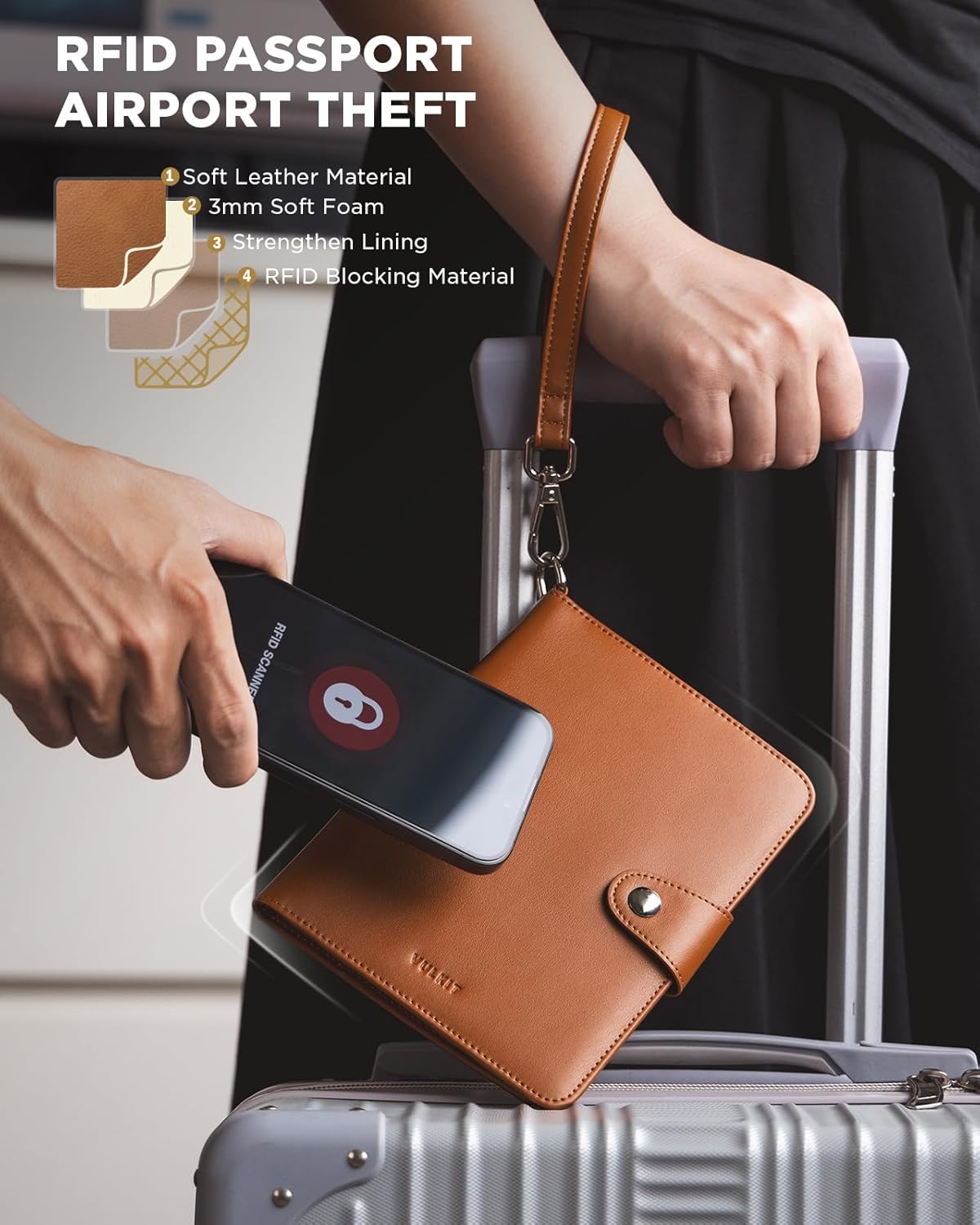 VULKIT Airtag Passport Holder for Travel, RFID Blocking Travel Wallet, Passport Cover for Family with Luggage Tag & Wrist Strap, Holds ID Card, 6+ Cards, Tickets, Cash, Coin, Brown, Family 4 persons