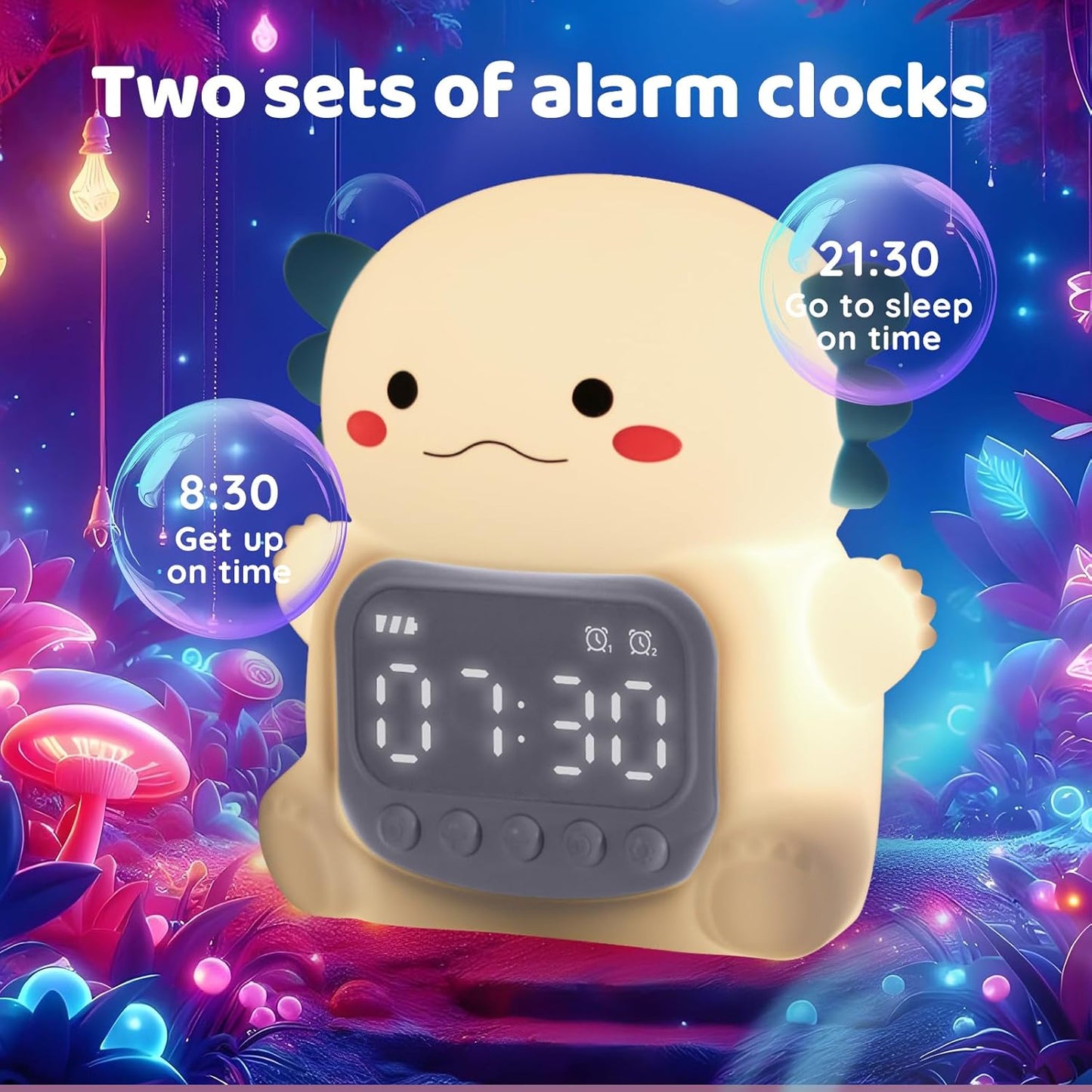 Axolotl Alarm Clock with Night Light for Kids, Rechargeable Silicone Lamp Time to Wake Clock Cute Animal Tabletop Lamp, Perfect Sleep Companion for Boys Girls, White