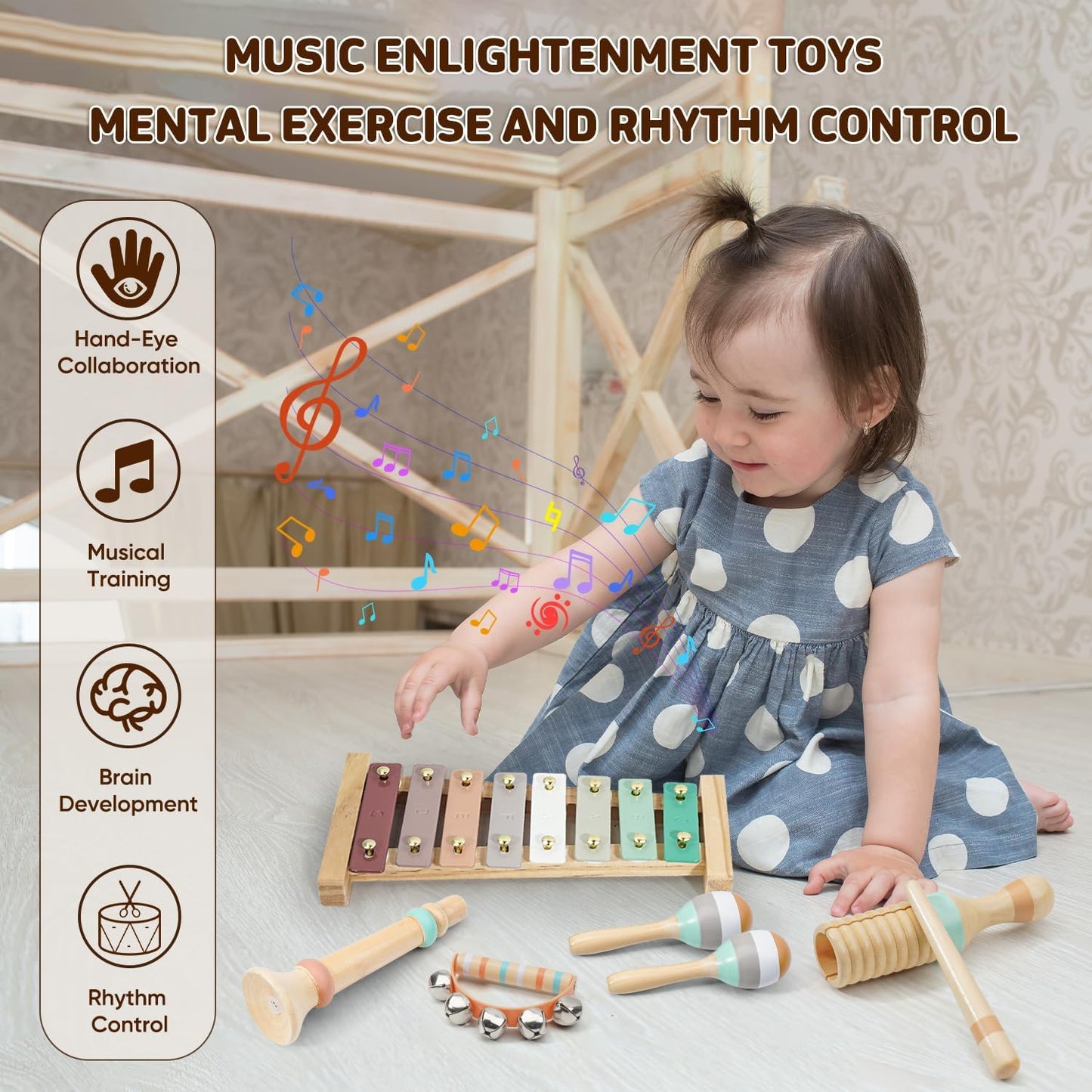 LeeQee Montessori Toys for 1 2 3 Year Old - Wooden Toys Baby Musical Instruments, Neutral Colors Percussion Instruments Set with Modern Boho Xylophone for Toddlers 3+ Music Education