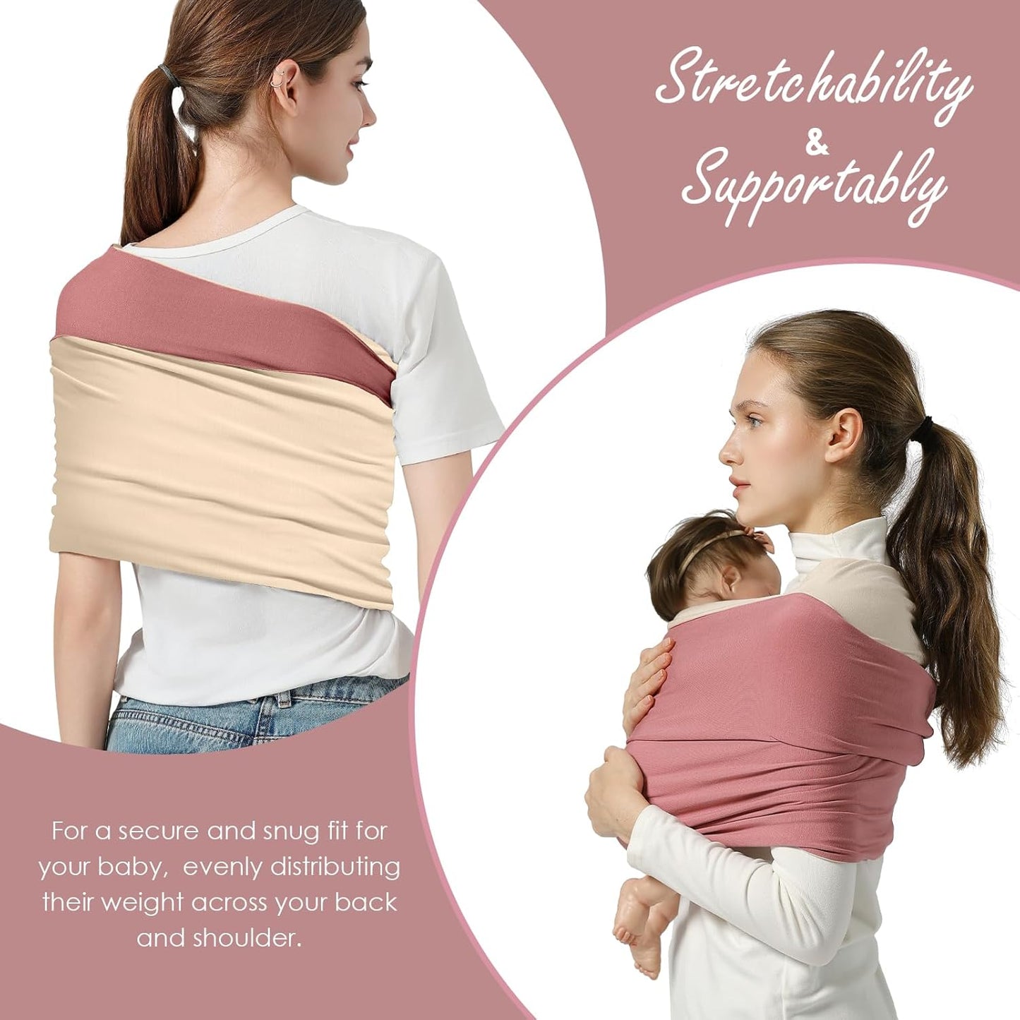 Baby Wrap Carrier, Lightweight Baby Wearing Wraps for Newborn and Infant, Soft Swaddle Holder Carrier, Cozy Baby Sling 7-35 lbs Cream+Pink