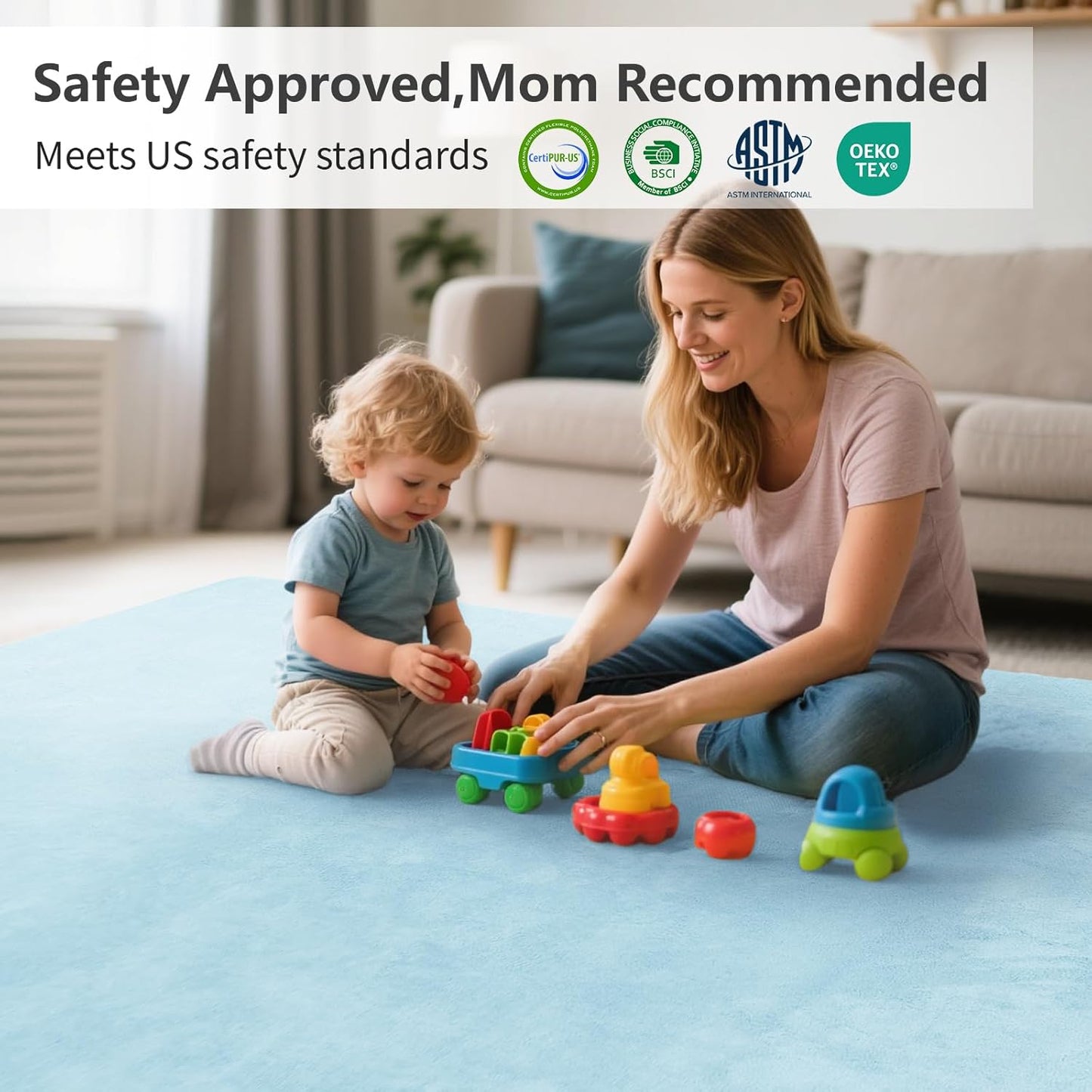 Baby Play Mat for Floor,1.3" Thick Elasti-Foam 50"×50" Playpen Mat for Tummy Time,Water Repellent Soft Coral Velvet for Toddler,Infant,Kids,Non-Slip Backing Safe for Crawling(Light Blue)