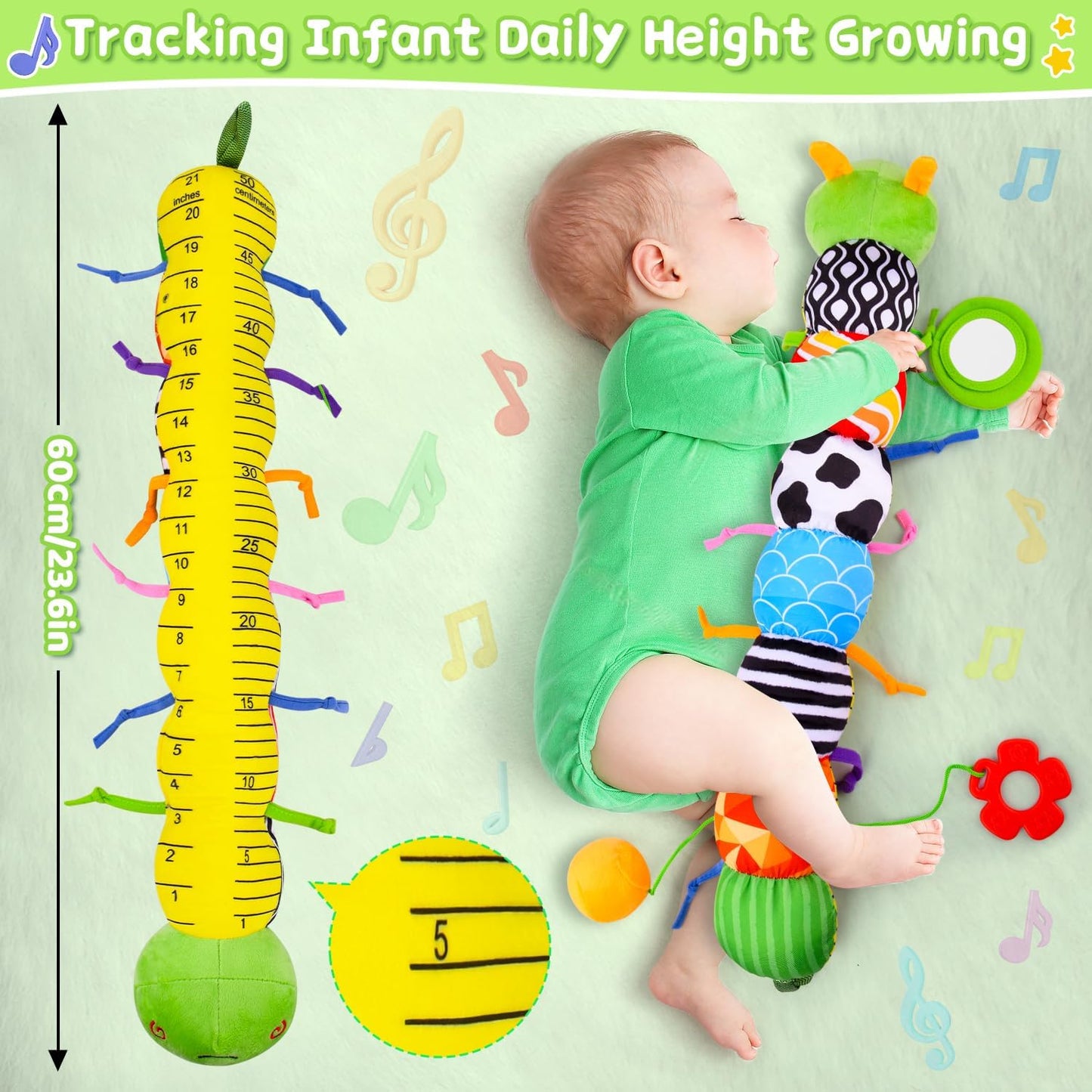 Baby Toys 0 to 12 Months, Stuffed Animal Infant Tummy Time Toys Sensory Toys with Crinkle, Rattles, Textures and Mirror Gifts for Newborn Boy Girls Toddlers, Caterpillar Musical Toy (Green)