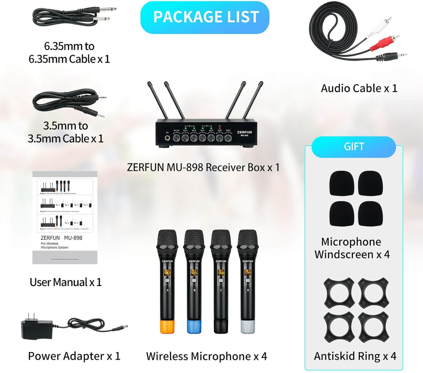 Pro Wireless Microphone System 4 Channel, UHF Metal Cordless Handheld Mics with Echo Bluetooth for Church Karaoke Singing, 4x50 Adjustable Frequency(MU-898 Battery 4 Handheld)