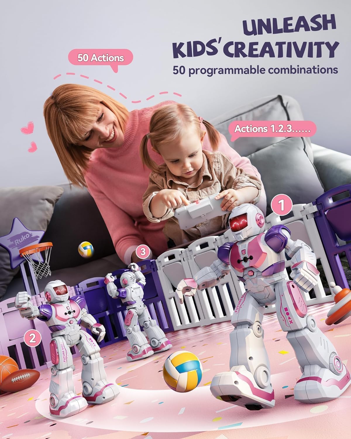 Ruko 6088 RC Robot Toys for Kids, Smart Gesture Sensing Interactive, Singing Dancing Rechargeable Programmable, Gifts for Girls & Boys 3 4 5 6 Years Old, Pink