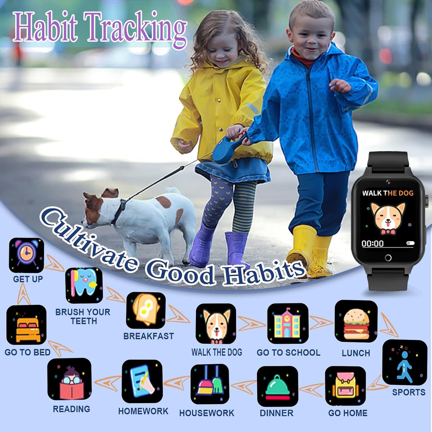 Goodatech Smart Watch for Kids 4-12 Years Boys Girls, 26 Puzzle Games,HD Camera,Video Music Player,Pedometer,Flashlight,Calendar,Alarm Clock,Aluminum Case,Sport Band (Black)