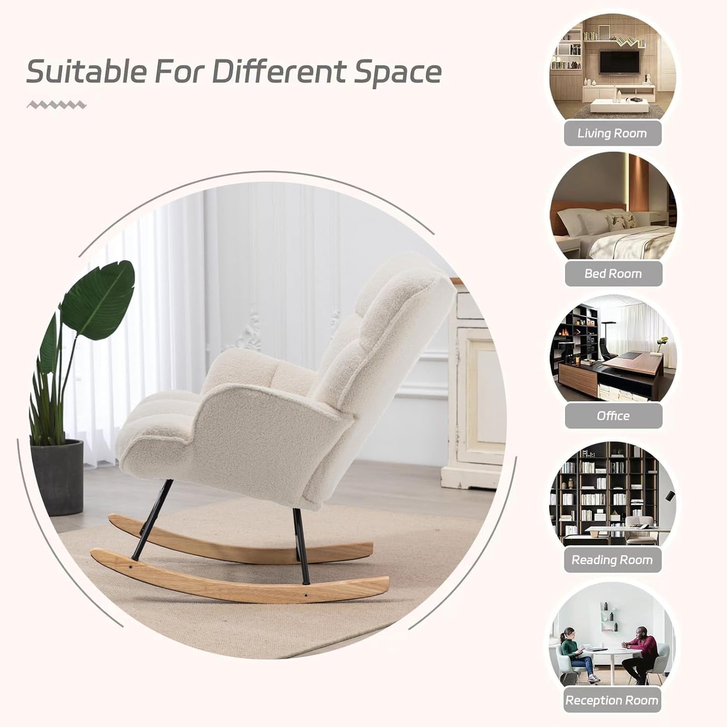 Rocking Chair Nursery Teddy Upholstered Glider Rocker Rocking Accent Chair Padded Seat with High Backrest Armchair Comfy Side Chair for Living Room Bedroom Offices (Ivory Teddy)