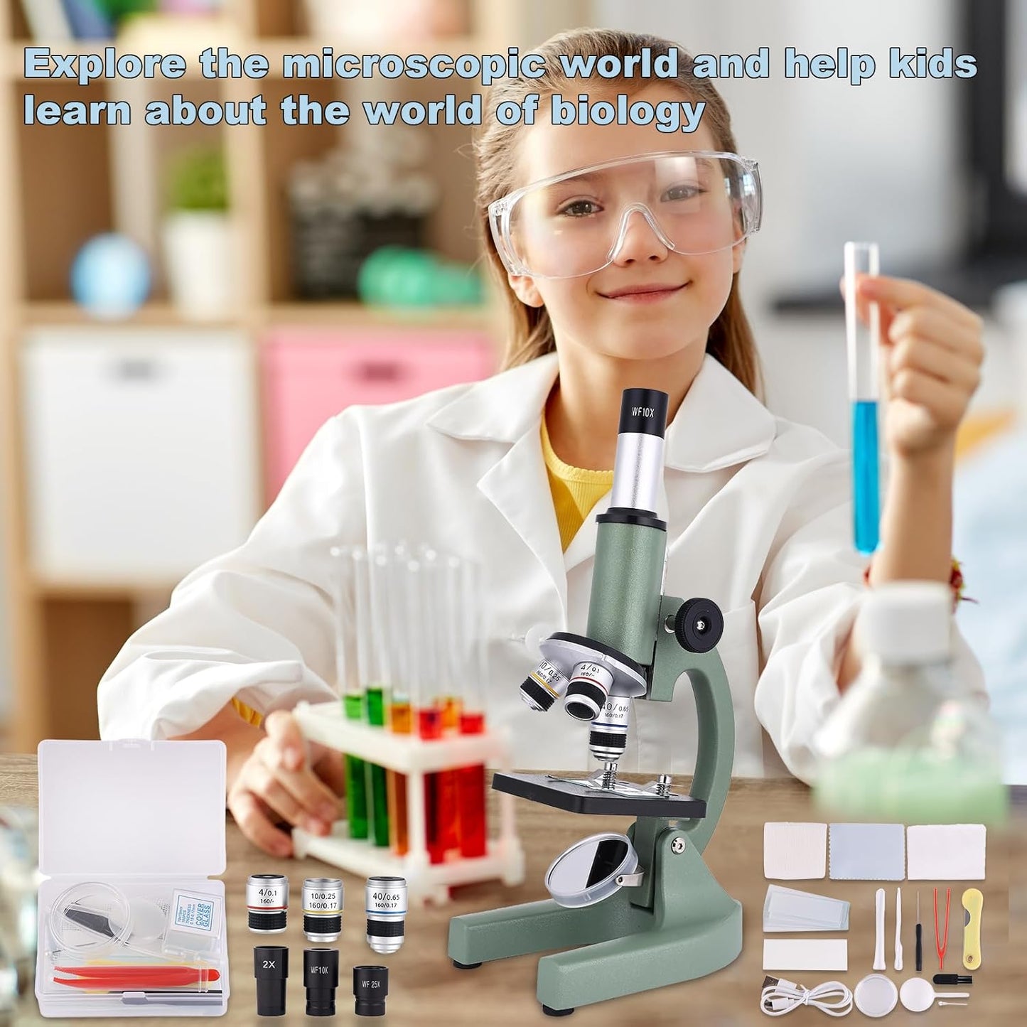 Microscope for Kids 40X-2000X with LED supplemental Light, Slides and specimens, Microscope for Kids 8-12 for School Labs and homeschooling