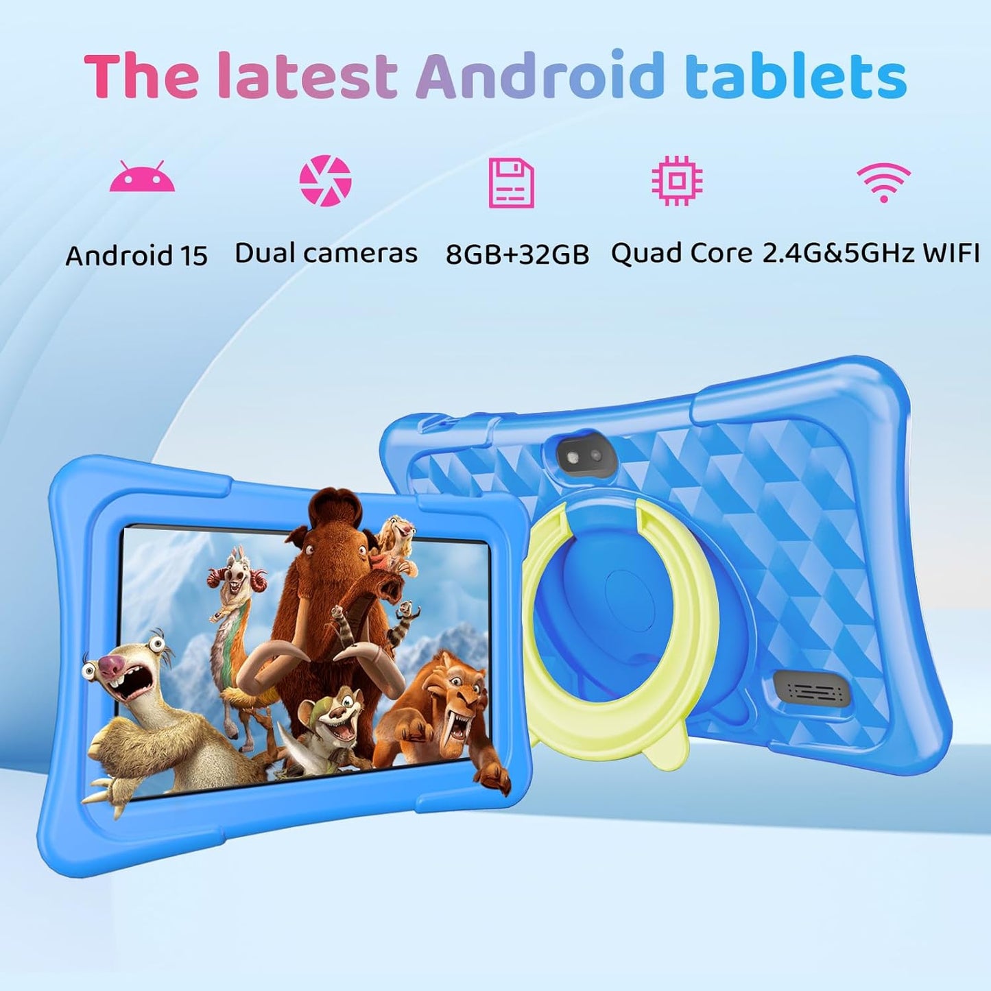 Kids Tablet, 7 inch Android 15 Tablet for Kids, 8GB+32GB 1TB Expand, Quad-Core Toddler Tablets with Shockproof Case, BT5.0, WiFi 5, Parental Control, Games, Dual Camera (Sky Blue)