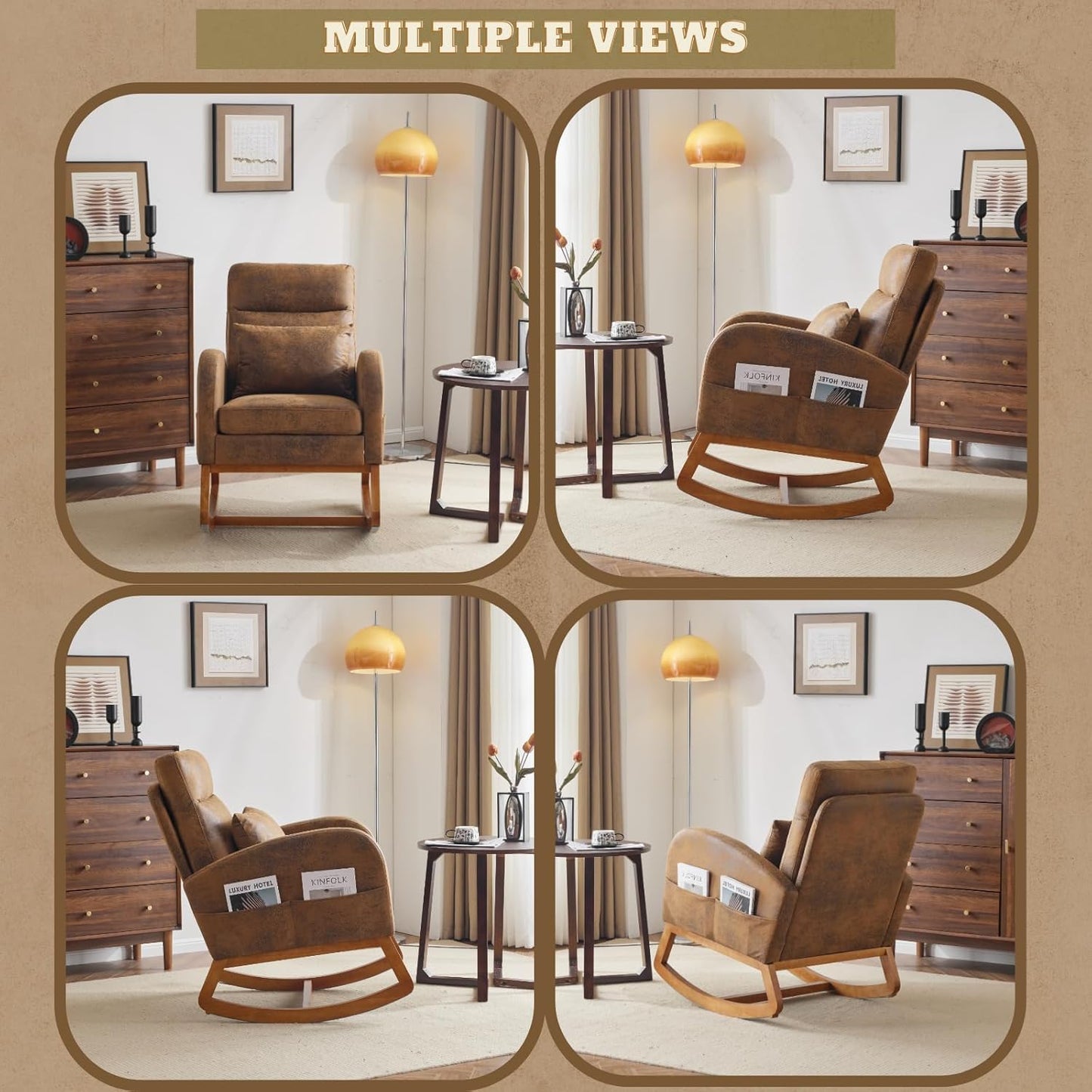 VINGLI Rustic Microfiber Nursing Rocking Chair with Thick Headrest, Upholstered Mid-century Modern Nursery Rocker Glider with Curved Armrest, Sturdy Solid Wood Base for Living Room, Bedroom, Baby Room