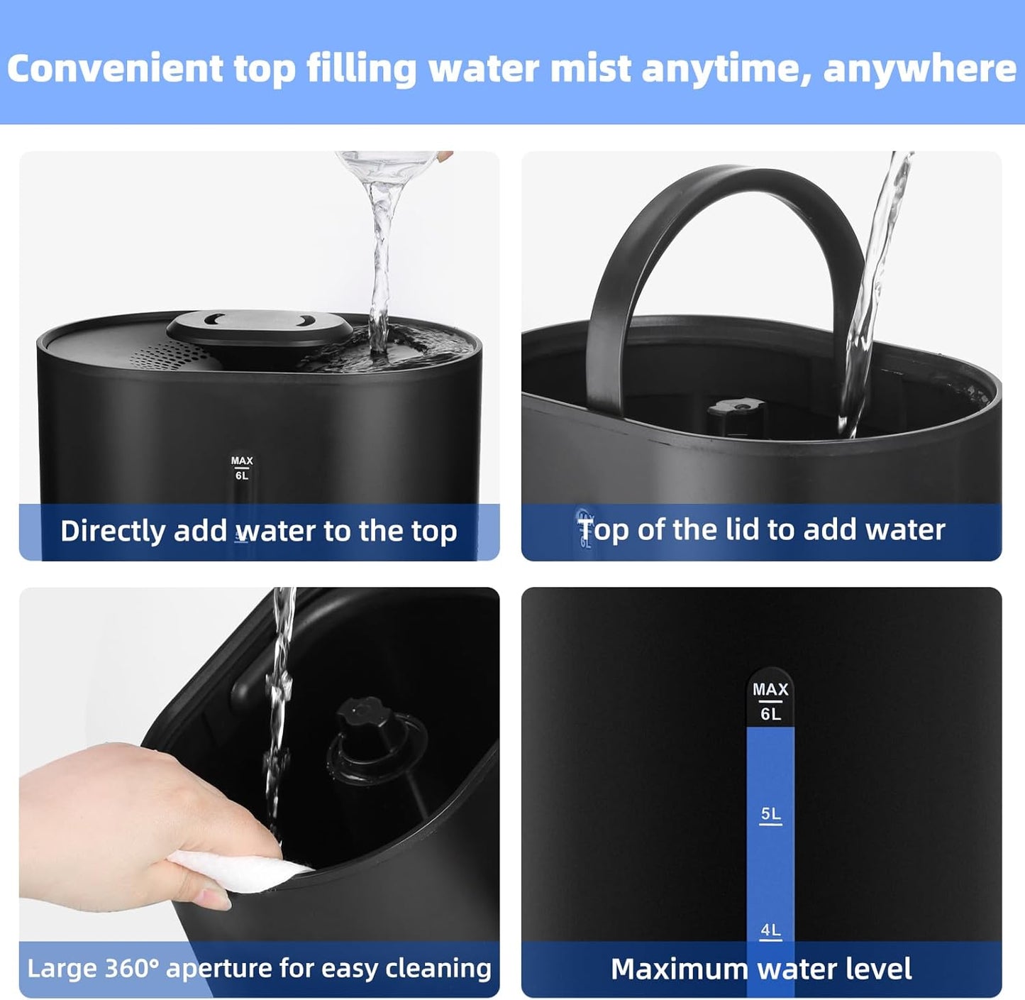 6L Humidifiers for Bedroom Large Room Home, Cool and Warm Humidifier for Plants Mist Top Fill Desk Humidifier Essential Oil Diffuser, Quiet Humidifiers with Adjustable Mist,360°Nozzle-Black