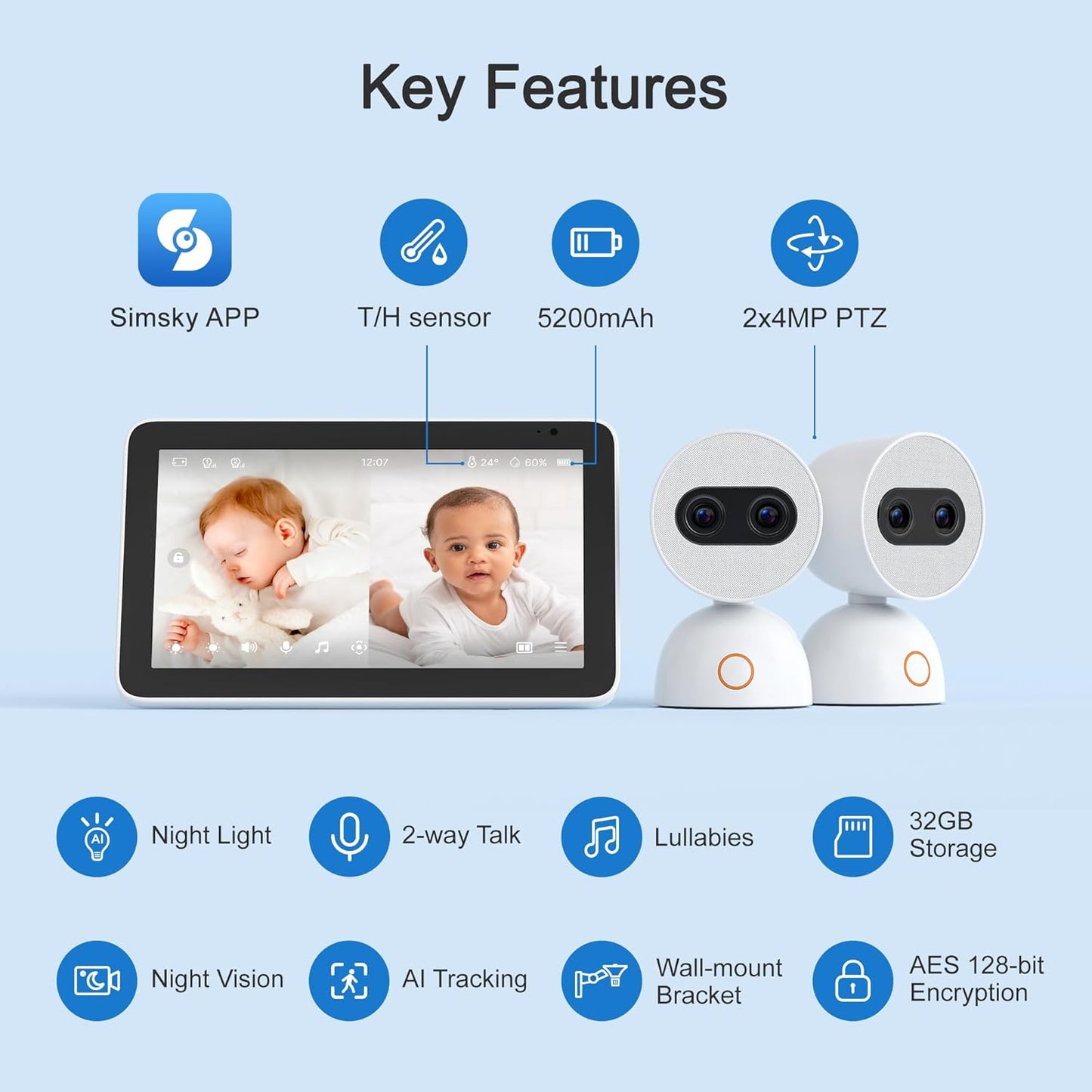 Simsky Split Screen Video Baby Monitor with 2 Cameras, 2× 4MP Resolution, 7" HD Touch Screen Smart Audio Baby Monitor, 6X Optical Quality Zoom, App Remote Access, 5200mAh Battery, 32GB Local Storage