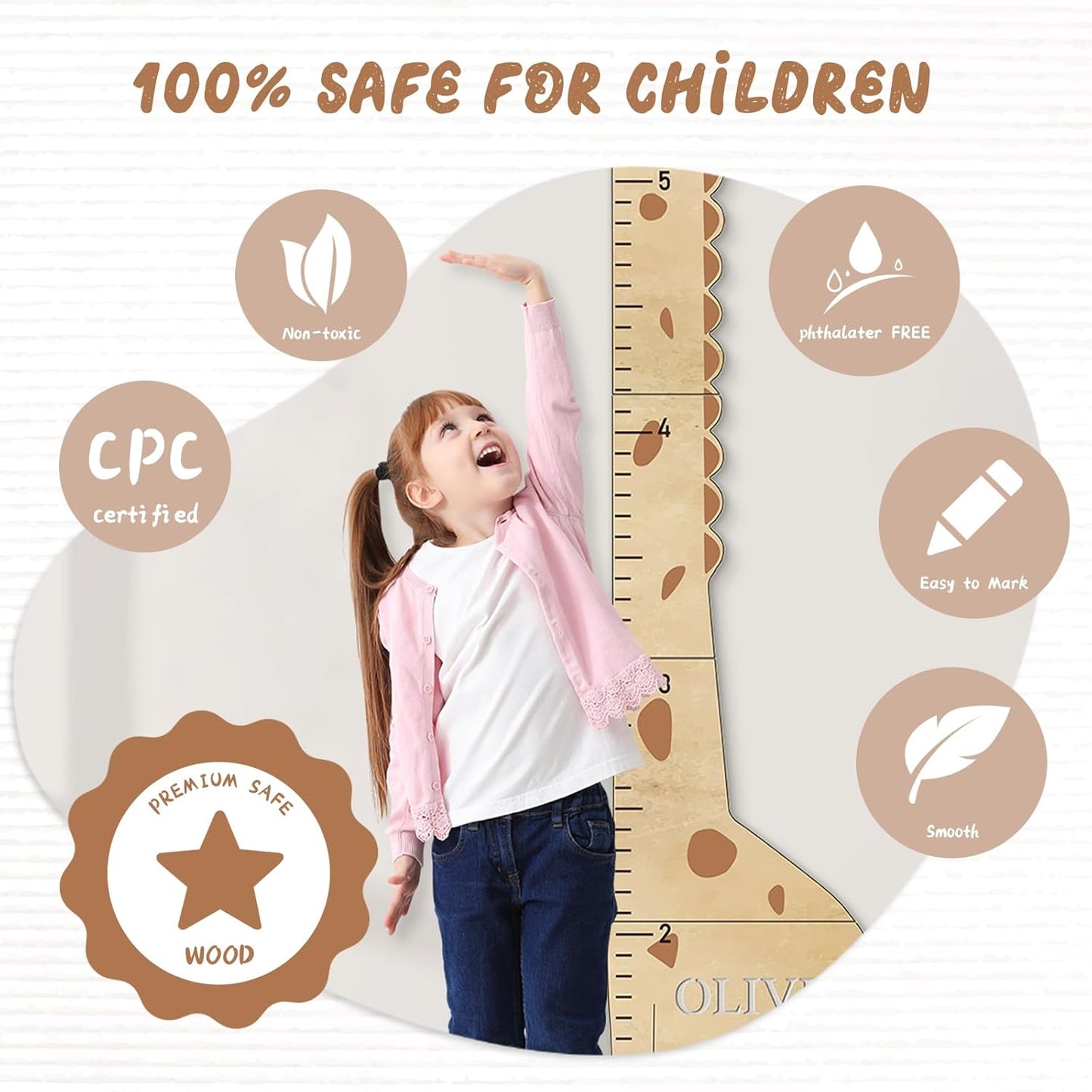 Personalized Name Children's Height Measurement Chart for Wall – Giraffe Kids Growth Chart Ruler, Nursery & Playroom Wall Decor 62.8" x 20.1"