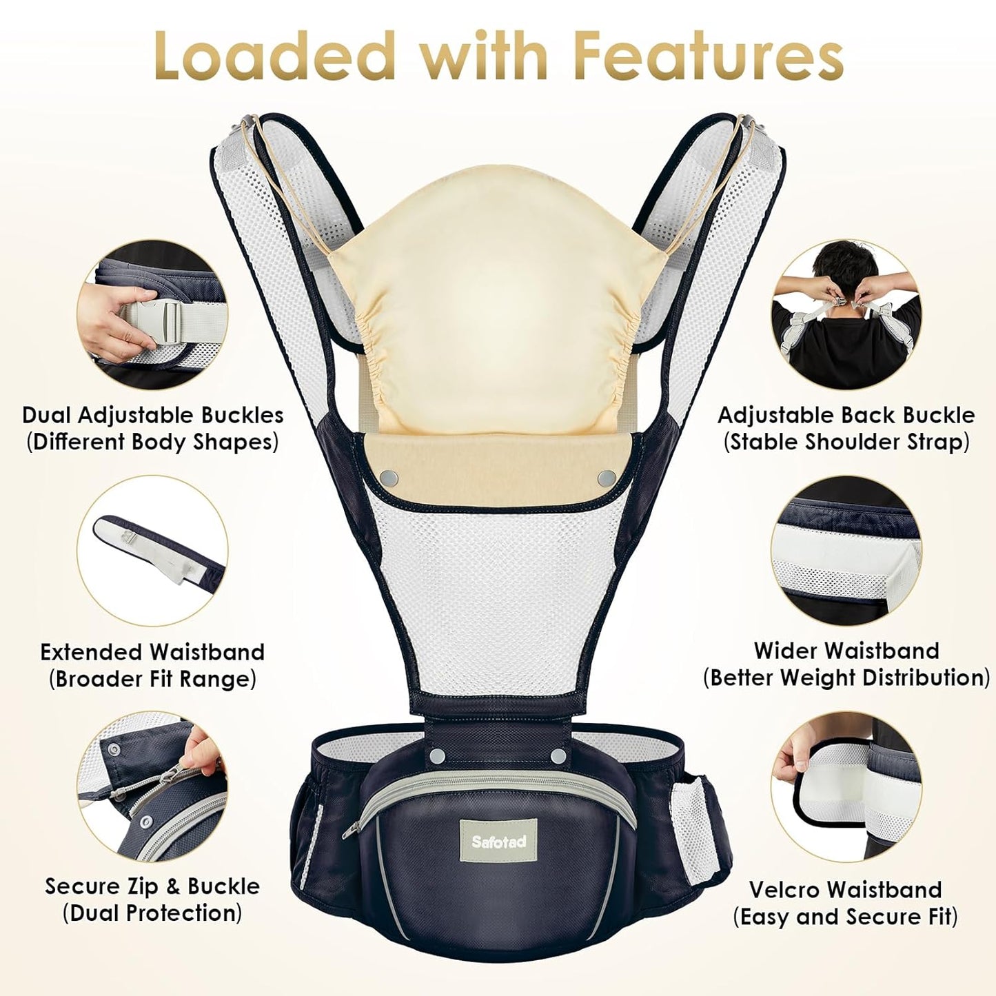 Baby Carrier Newborn to Toddler, Lightweight Ergonomic Baby Hip Seat Carrier Up to 33lbs, Adjustable Extended Waistband Infant Carrier with Breathable Sunshield, Navy Blue