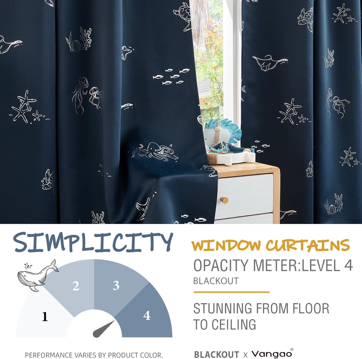 Vangao Kids Curtains for Boys Bedroom Kids Blackout Curtains 63 Inch Length Ocean Aquarium Nursery Drapes for Girls Bedroom Silver Sea Animals Print Thermal Insulated Drapes, Navy Blue 2 Panels