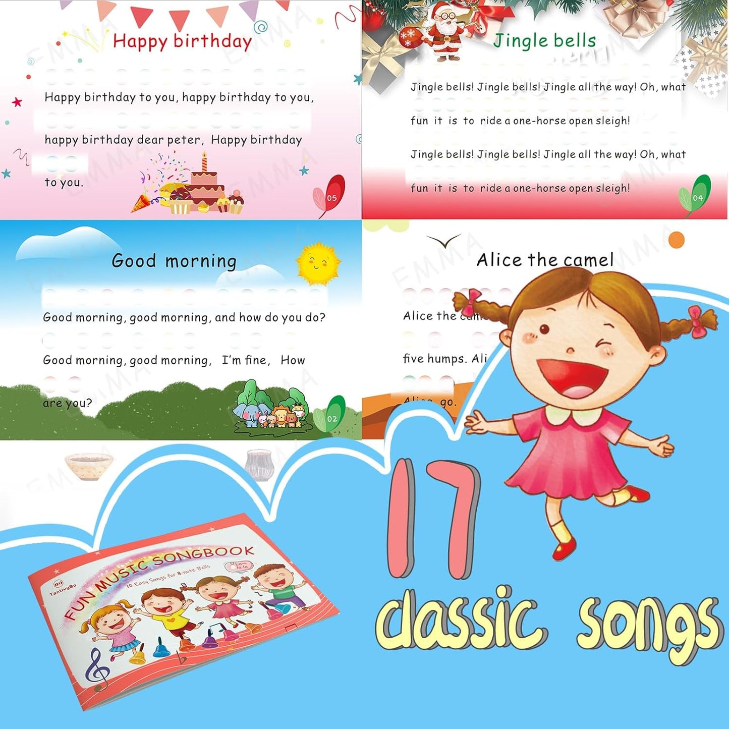 Hand Bells, 8 Note Musical Handbells Set with 17 Songbook Musical Toy Percussion Instrument for Toddlers Children Kids for Children's Day Family Activity School and Church (Upgraded Edition)