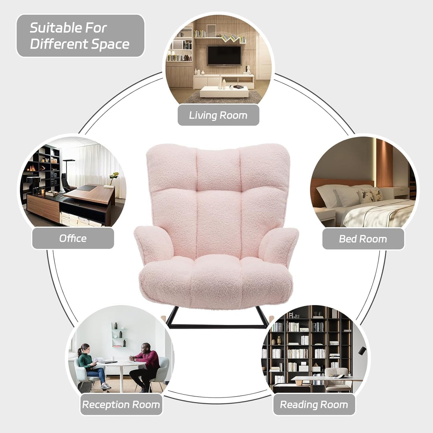 Rocking Chair Nursery Teddy Upholstered Glider Rocker Rocking Accent Chair Padded Seat with High Backrest Armchair Comfy Side Chair for Living Room Bedroom Offices (Pink Teddy)