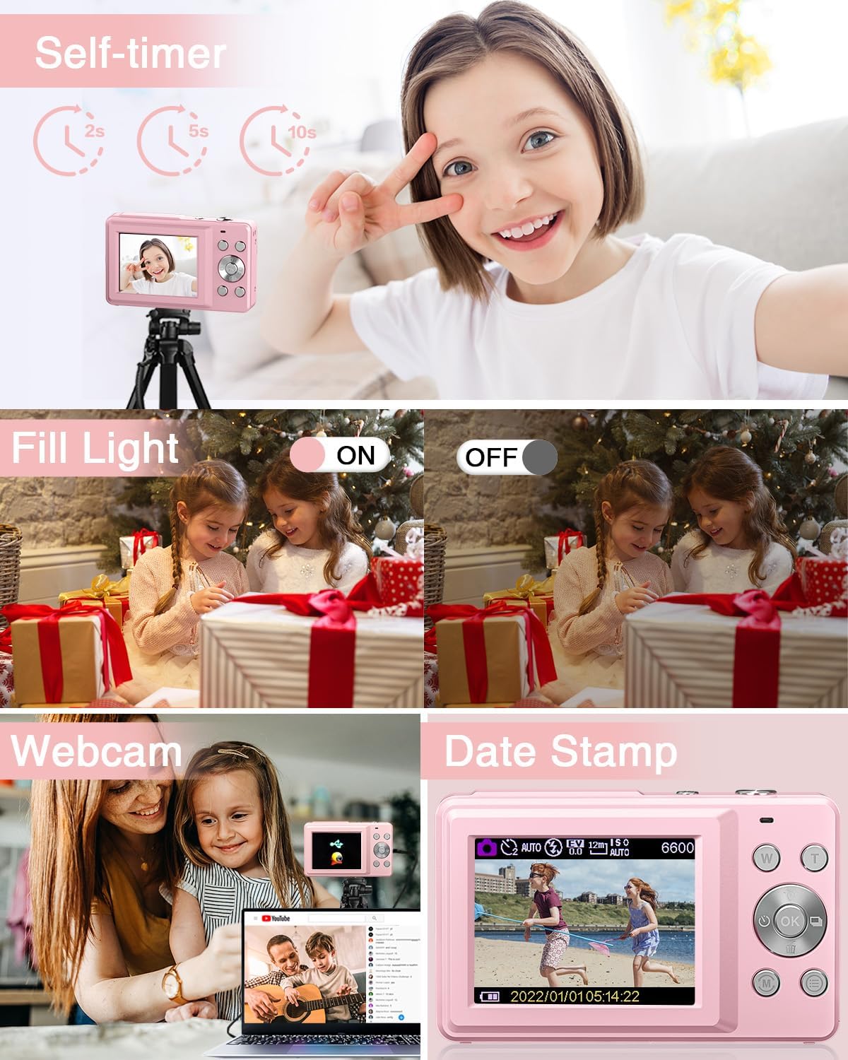 Digital Camera, FHD 1080P Point and Shoot Kids Camera, with 32GB Card, 2 Batteries, 16X Zoom Anti Shake Date Stamp, Compact Portable Small, for Starter Kid Children Teen Student Girl Boy(Pink)