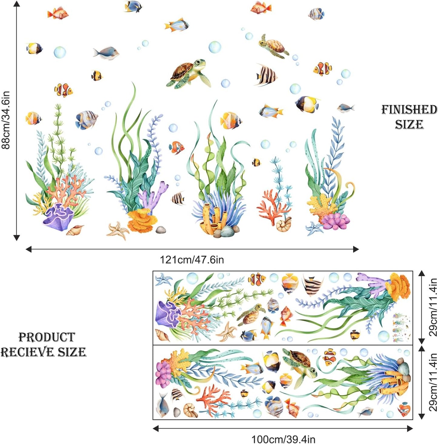 Supzone Under The Sea Wall Decals, Seaweed Grass Ocean Fish Sea Turtle Underwater Wall Stickers Vinyl Decor for Baby Boys Kids Nursery Bedroom Bathroom Classroom Playroom
