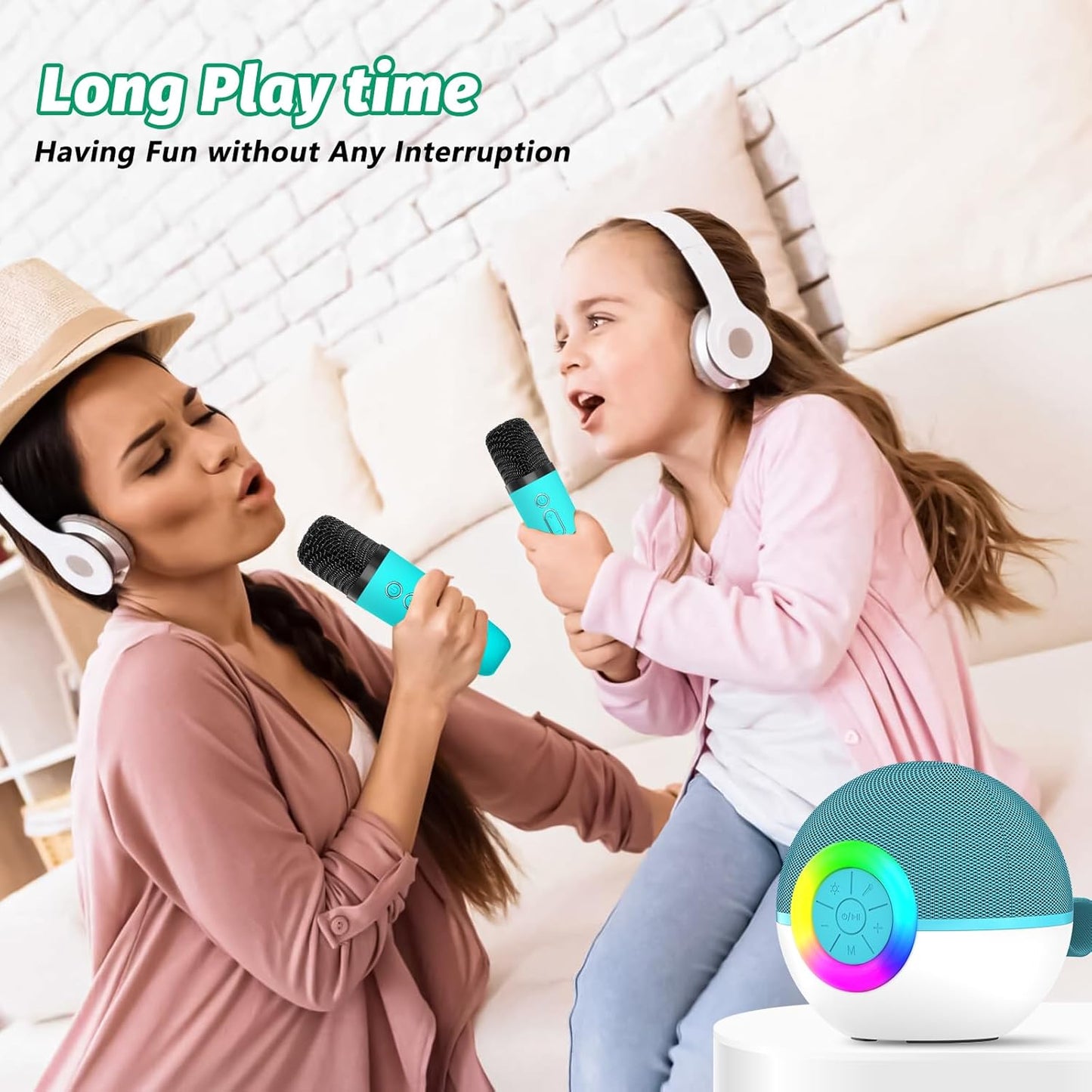 goopow Mini Karaoke Machine Speaker for Kids Adults, Portable Bluetooth Microphone Song Toys with LED Light, Best Chritmas Birthday Festival Gift for 3 4 5 6 7 8+ Year Old Girls Boys (Green-2MIC)