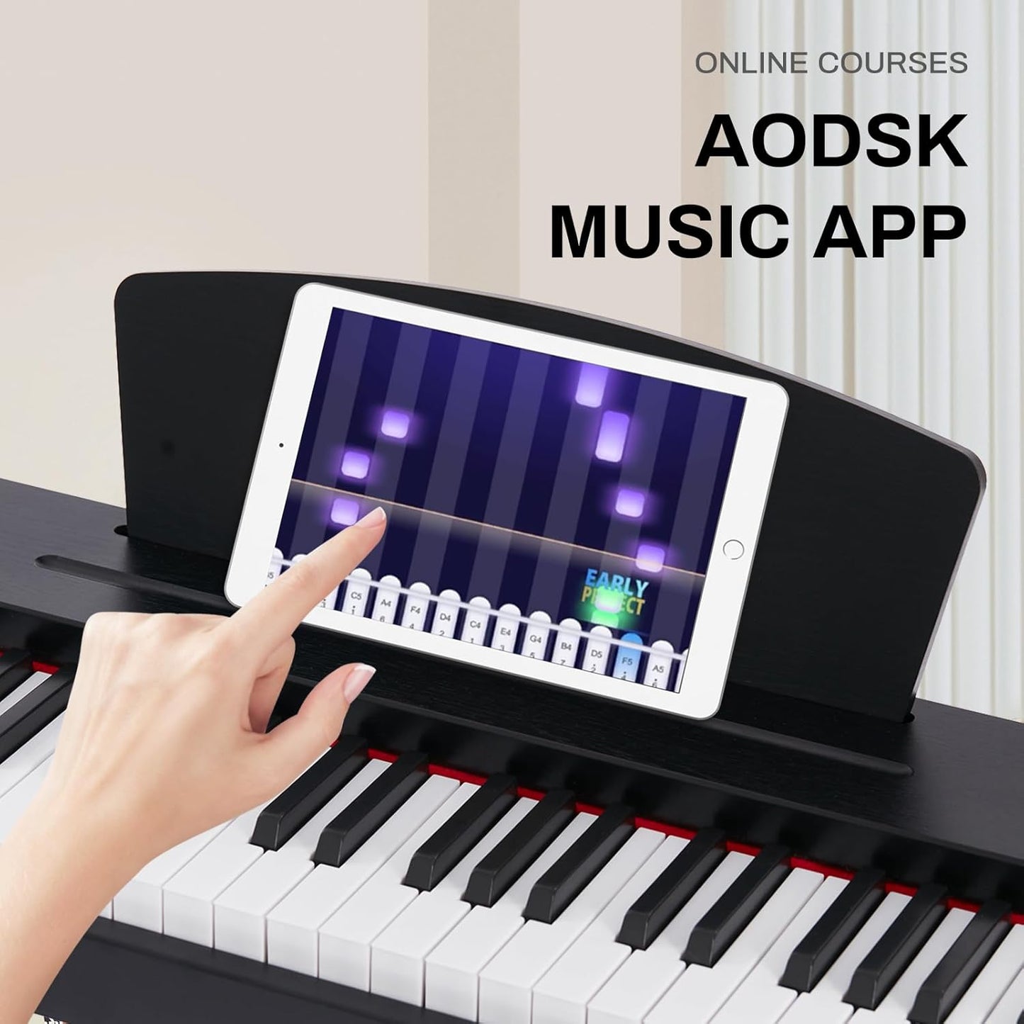 AODSK Beginner Digital Piano 88 Key Keyboard,Full-size Electric Piano for Beginners,with Sheet Music Stand,Pedal,Power Adapter,Headphone Mode,USB-MIDI,Piano Lessons,Black,-Comes with headphones