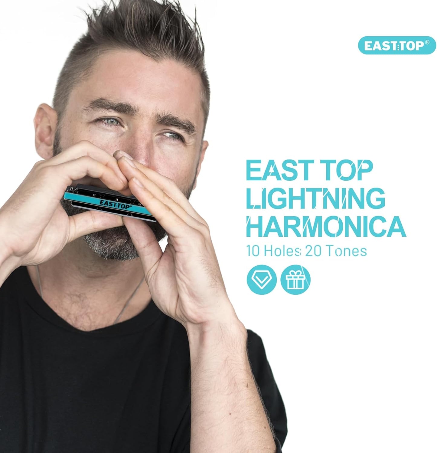 East Top 10 Hole Professional Diatonic Harmonica, Key of A, Blues Harp Mouth Organ, Brass, Perfect for Adults, Professionals and Students