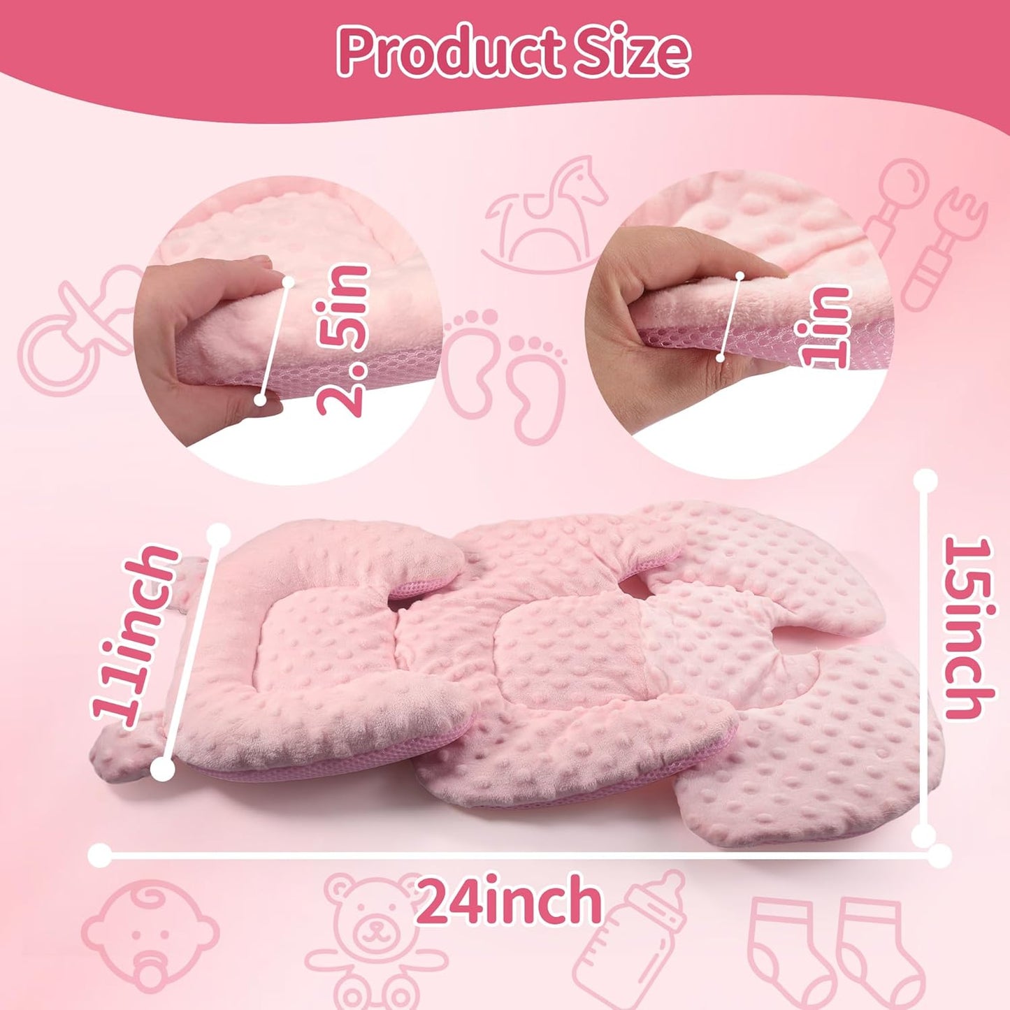 3in1 Reversible Carseat Head Body Support Newborn,3D Minnky Infant Car Seat Insert,Extra Soft Breathable Baby Car Seat Pillow Cushion Boys Girls,fit Stroller,Bouncer,Swing(Pink)