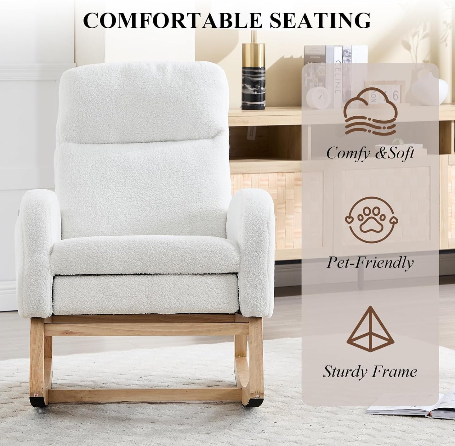 NIOIIKIT Oversized Nursery Rocking Chair, Teddy Upholstered Glider Chair with Footrest, Large Glider Rocker with Side Pocket, Rocking Accent Chair, Glider Recliner for Living Room (White Teddy)