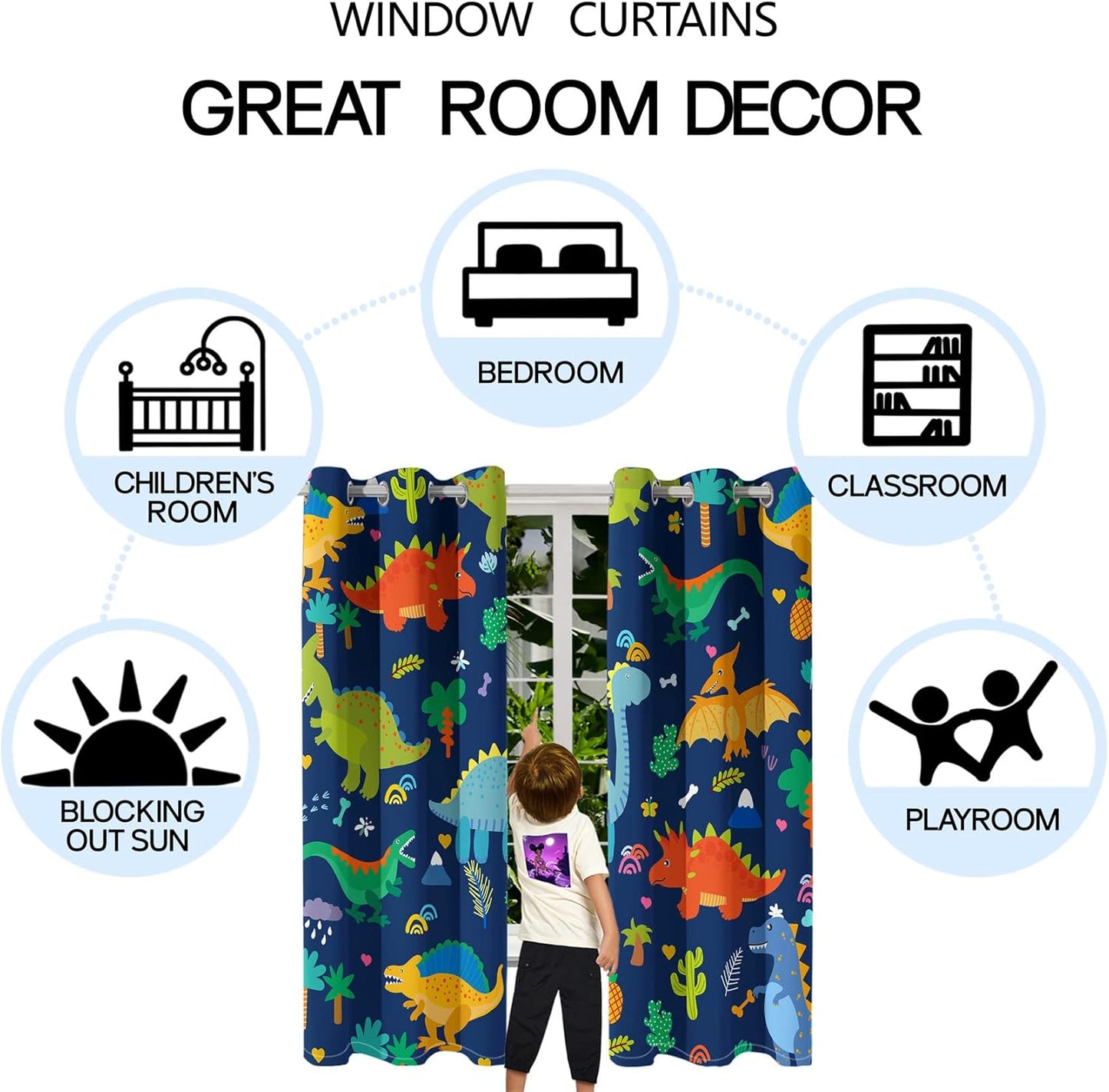 Cartoon Dinosaur Blackout Curtain Panels Curtains Blue Curtains for Boys Bedroom Grommet Top Window Treatment 2 Panels Drapes Kids Room Decor Navy Blue Curtains 84 Inch Length, 82" x 84"