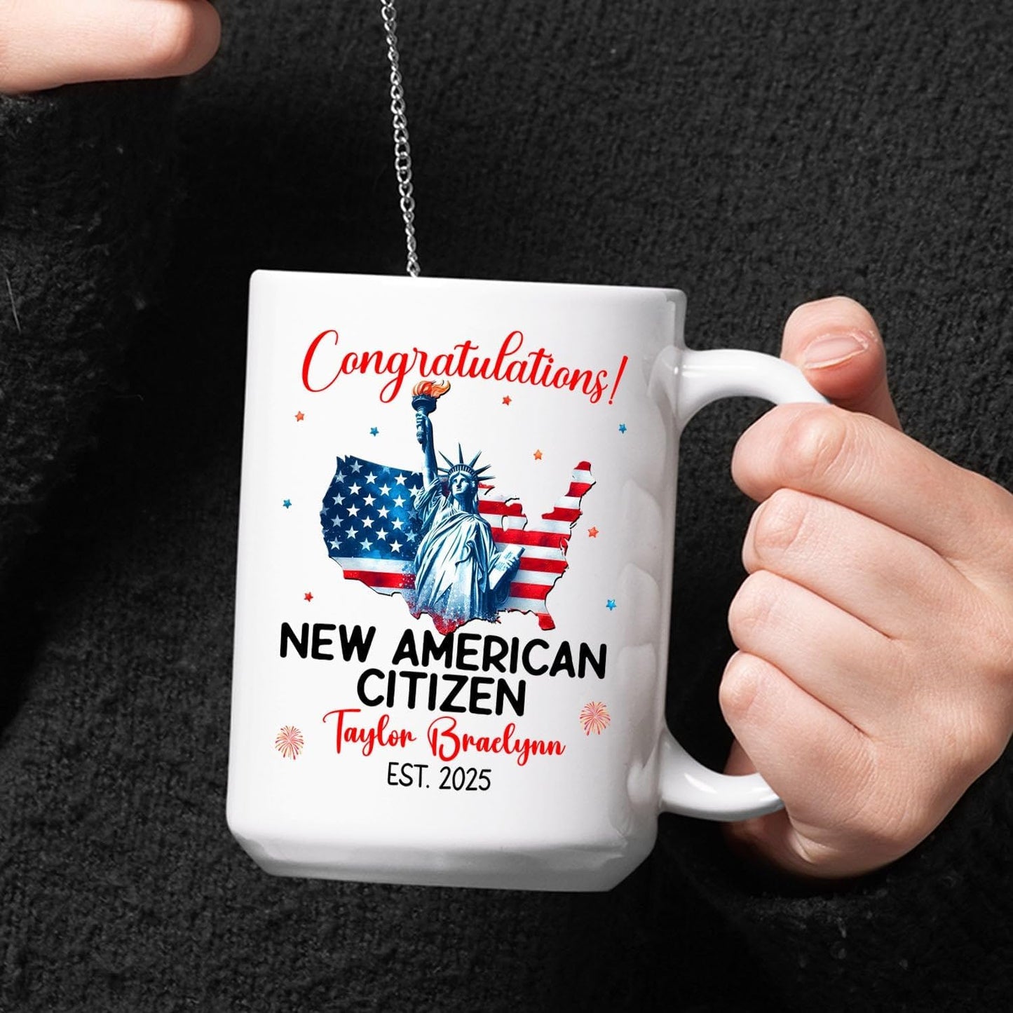 Congratulations New American Citizen Coffee Mug 11Oz 15Oz, Personalized Year & Name White Cup Gift For Sister Brother New US Citizen, Novelty American Flag Coffee Cup, Customized US Citizenship Mug
