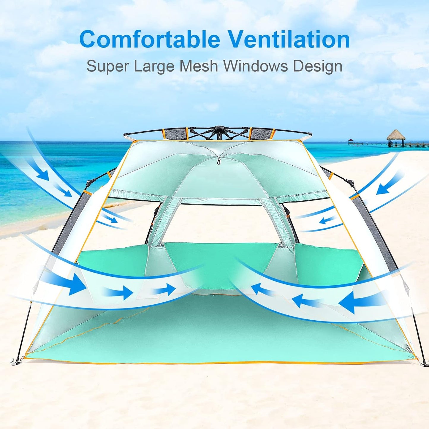WolfWise 3-4 Person Easy Up Beach Tent UPF 50+ Portable Instant Sun Shelter Canopy Umbrella with Extended Zippered Porch, Mint Green