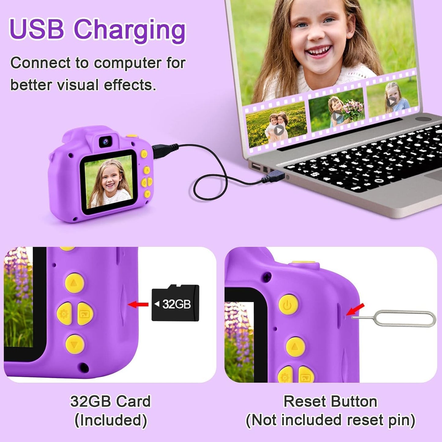 GKTZ Toys for Girls Age 3-8, Kids Camera Digital Video Toddler Camera Children Camcorder Birthday Gifts for 3 4 5 6 7 8 Year Old Girls with 32GB SD Card