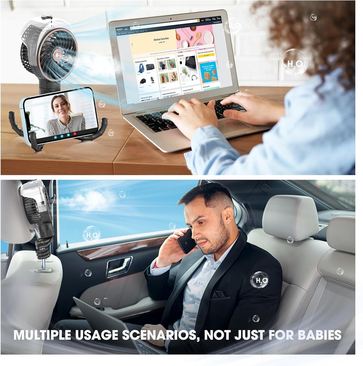 Ausic Stroller Fan with Mist, 100ml Misting Portable Fan for Stroller, Safe Baby Fans with Detachable Tripod, Baby Essentials, Clip on Fans for Crib, Treadmill, Car Seat, Outdoor, Beach, Golf Cart