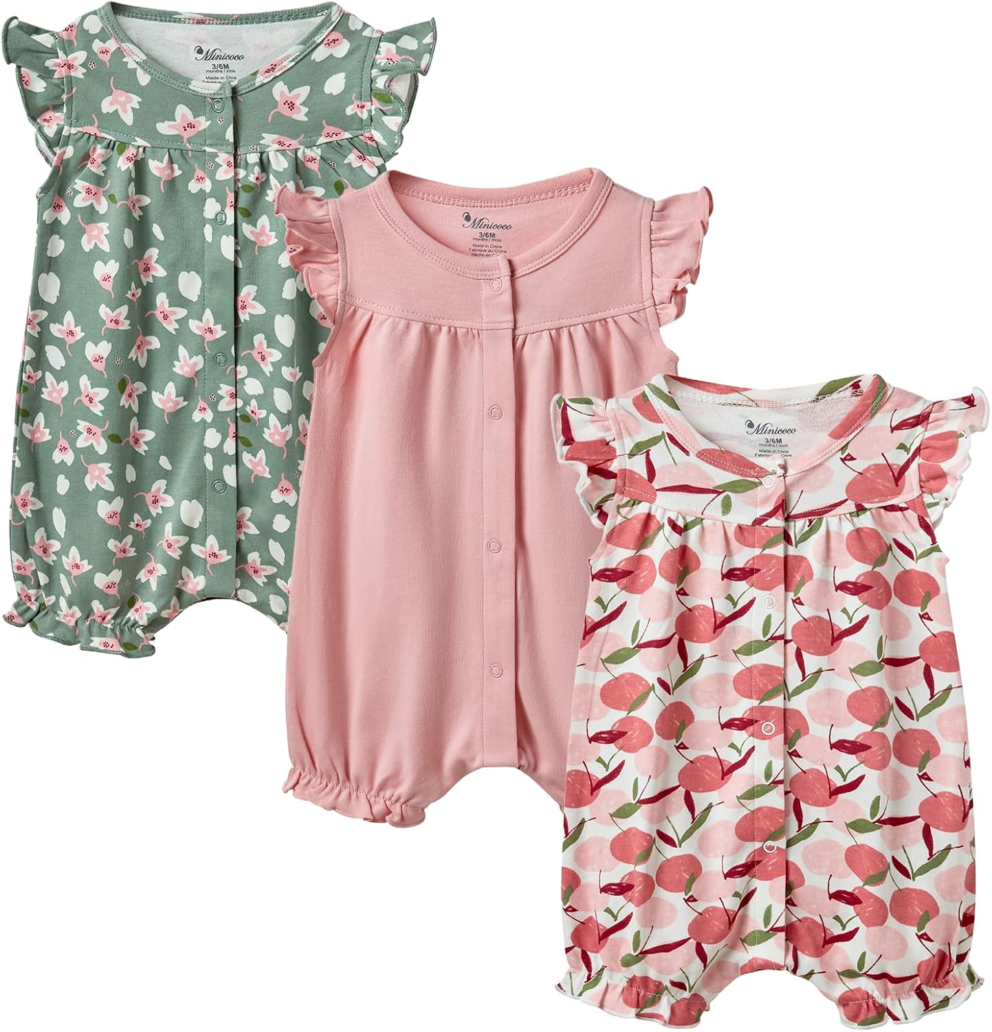 3-pack 100% Cotton Baby Girl Rompers, 0-24 months Ruffle Sleeve Toddler Romper Summer Clothes Set