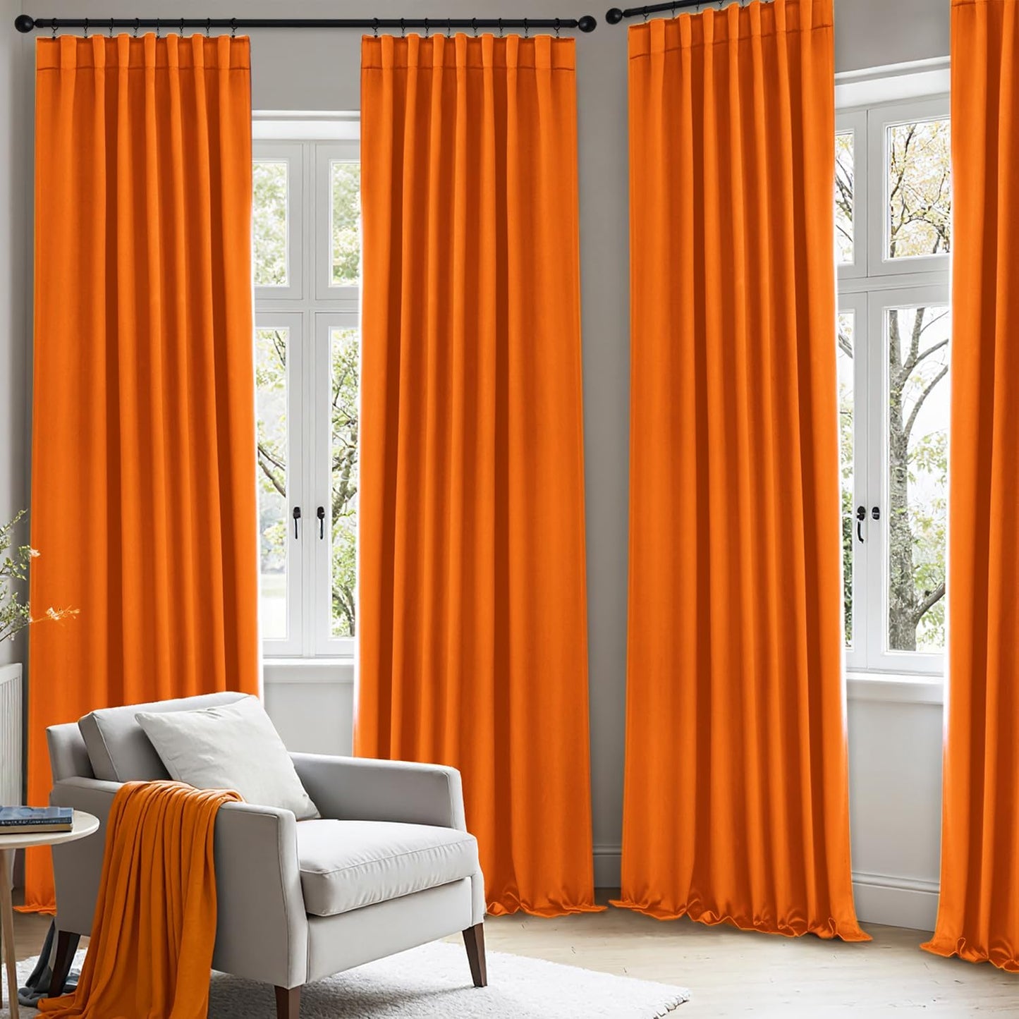 ANRODUO Back Tab Blackout Curtains for Bedroom Living Room, Rod Pocket Pinch Pleated Thermal Insulated Room Darkening Curtains 63 Inches Long 2 Panels, Orange, 42 x 63 Inch