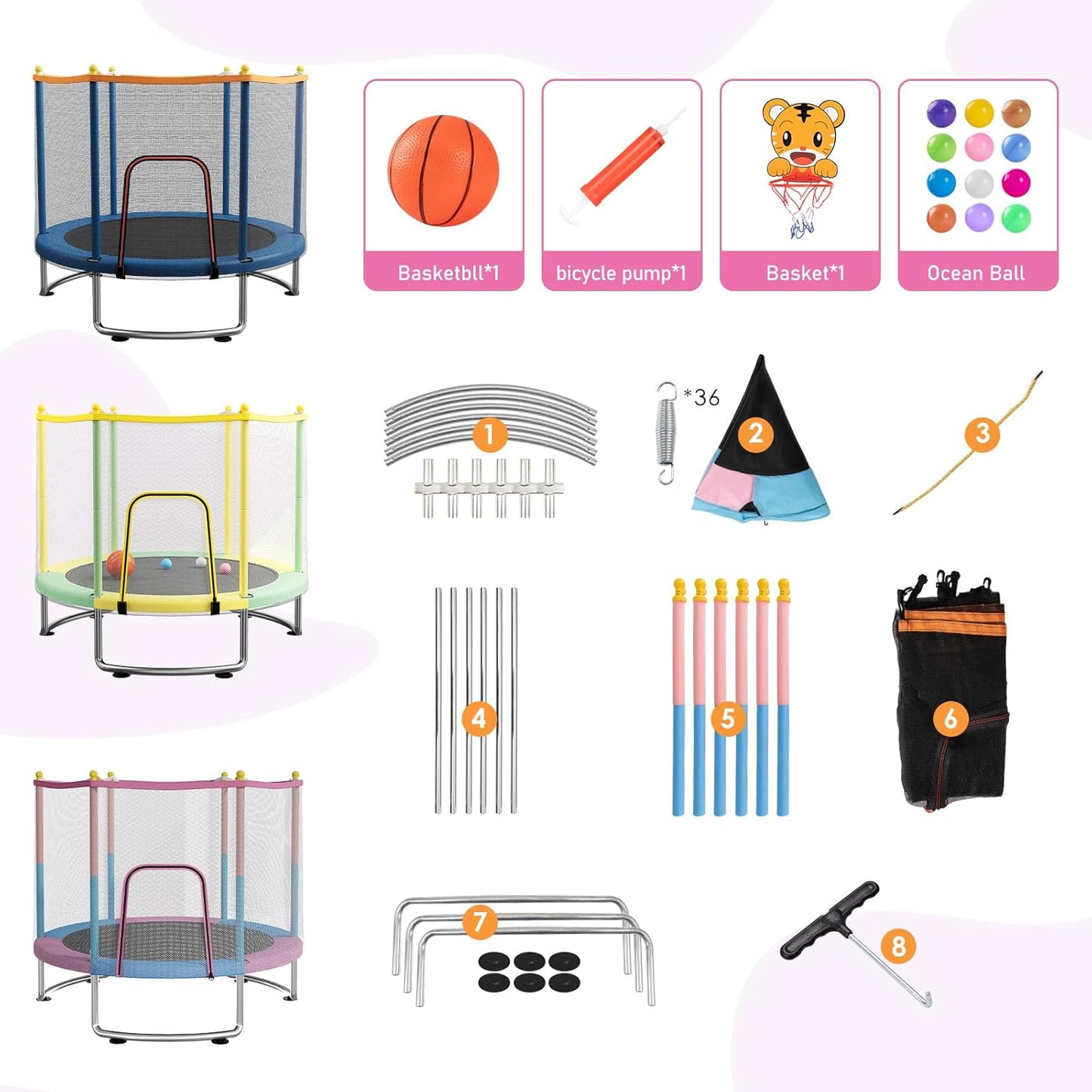 Kids Trampoline with Safety Net – 440lbs Capacity, Upgraded Rust-Proof Ring Legs, Adjustable Gymnastics Bar & Toys – Indoor Outdoor Toddler Trampoline for Boys & Girls Ages 1-8