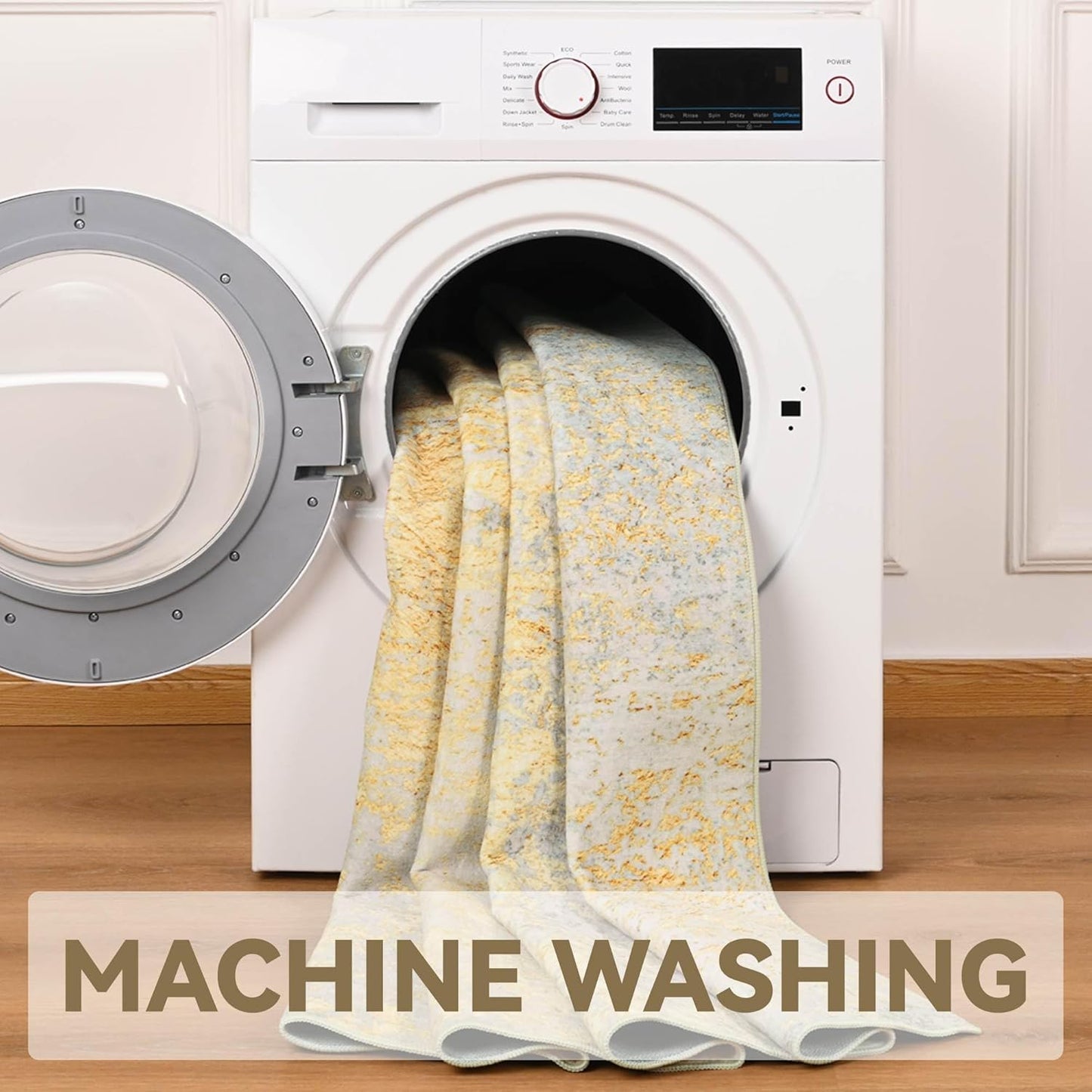 Nursery Rug for Baby Girl, 5x7 Gold Washable Rugs for Living Room Bedroom Dorm Non Slip, Stain Resistant Neutral Carpet Low Pile for Classroom, Dining Room, Kids Playroom