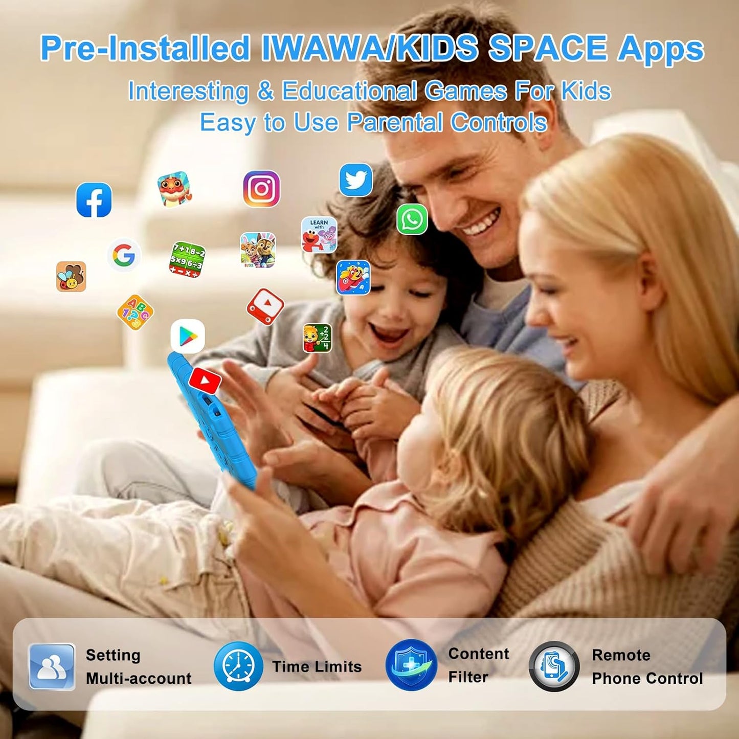 2025 Kids Tablet 10 inch Android 14 Tablets for Kid Octa-Core, 20GB+128GB (TF 1TB), Toddler Tablet with Shockproof Case, 2.4G+5G WiFi 6, Parental Control, Face Unlocked, Split Screen, BT5.0 (Blue)