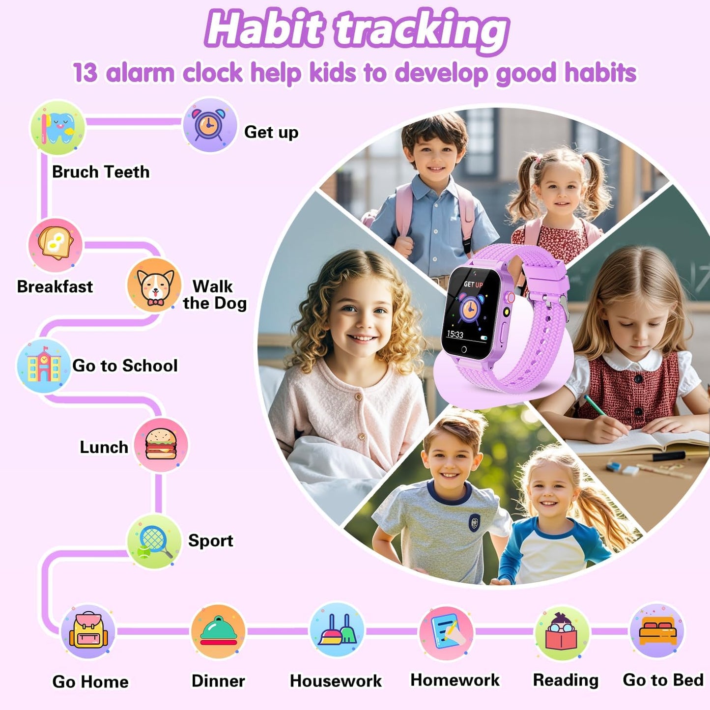 Smart Watch for Kids Girl Gift Ages 3-12, 2 Screen Protector, 26 Puzzle Games, HD Camera Video Music Player Touchscreen Pedometer, Educationtal Toy Brithday Gifts for Girl Ages 4 5 6 7 8 9 10(Purple)