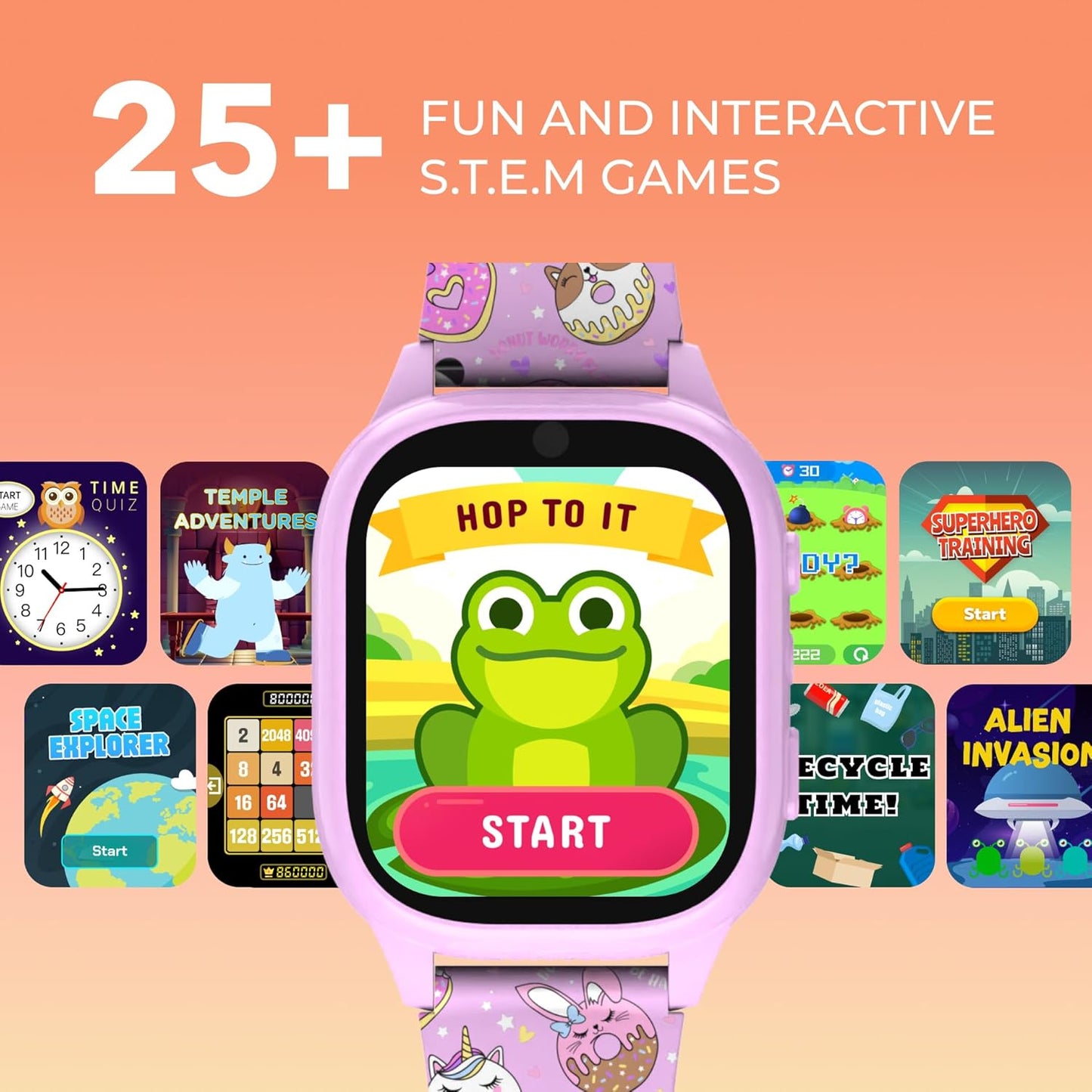 PlayZoom 4 Kids Smartwatch, Educational Tech Toy – 25+ Games, Selfie Camera, Audiobooks, Step Tracker, Water‑Resistant, Parental Controls, Long Battery, Ages 4‑12, Pink Donuts