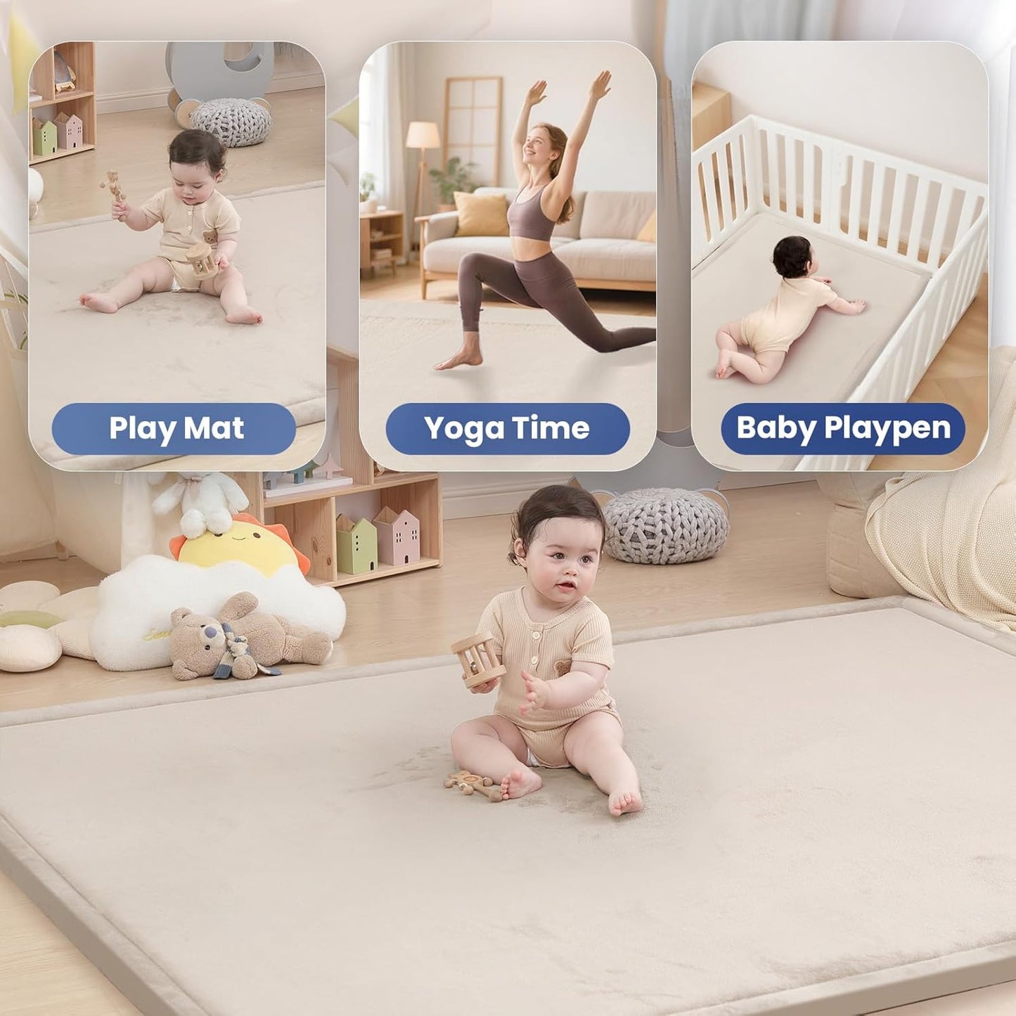 Baby Play Mat for Floor,1.3" Thick Elasti-Foam 74×50 Playpen Mat for Toddlers Infant Kids,Water-Repellent Soft Coral Velvet for Tummy Time, Non-Slip Backing for Crawling,Tatami Style(Beige)