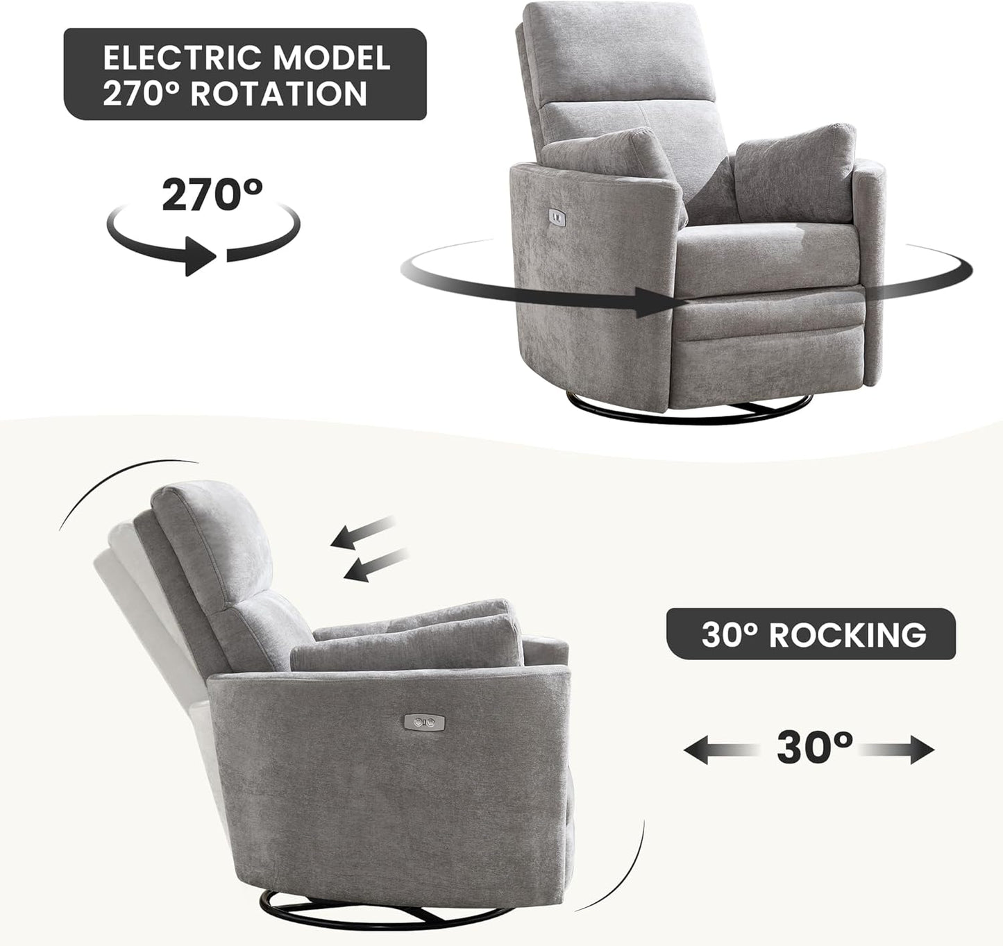 Power Recliner, Upholstered Nursery Adult Swivel Rocking Glider, Electric Recliner Chair with USB Port with 2 Pillows for Living Room Bedroom (LIGHTGREY, Power-Driven)