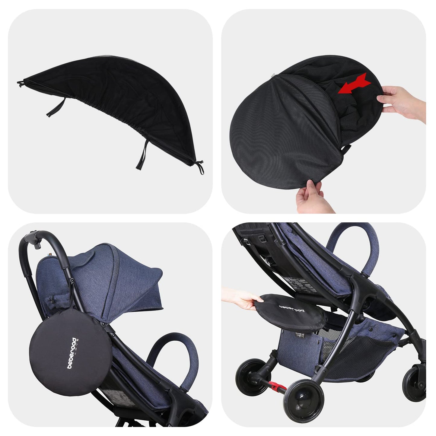 Beberoad Love Universal Stroller Sun Shade & Mosquito Net – 2-in-1 Baby Stroller Cover with UV Protection & 2-Way Zipper for Infant Carriages, Prams, and Travel Strollers (Black)