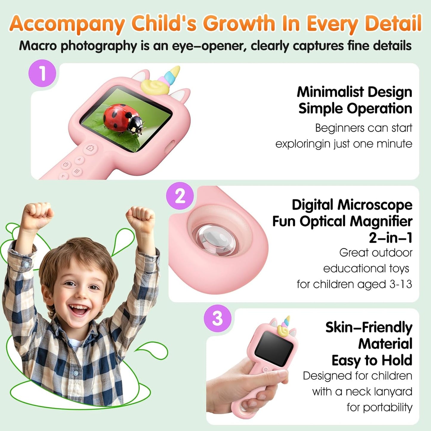 600X Portable Kids Microscope 2.4" Mini Handheld Digital Microscope for Kids - STEM Educational Science Kit Toys for Christmas Birthday Gifts Toys for 3 4 5 6 7 8 9 10 11 12 13 Year Old Girls