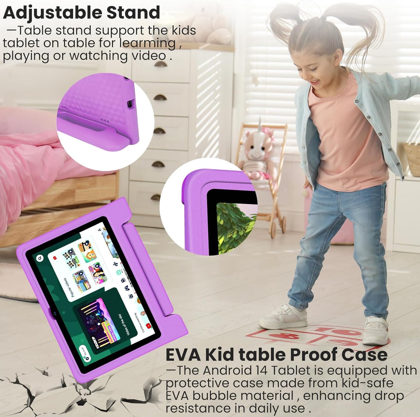 Kids Tablet 10.1 inch Android 14 Octa-Core 64GB 6000mAh Kids Space Parental Control 1280 * 800 HD Touchscreen Shockproof Case Dual Camera Gift for Toddler Children (Purple)