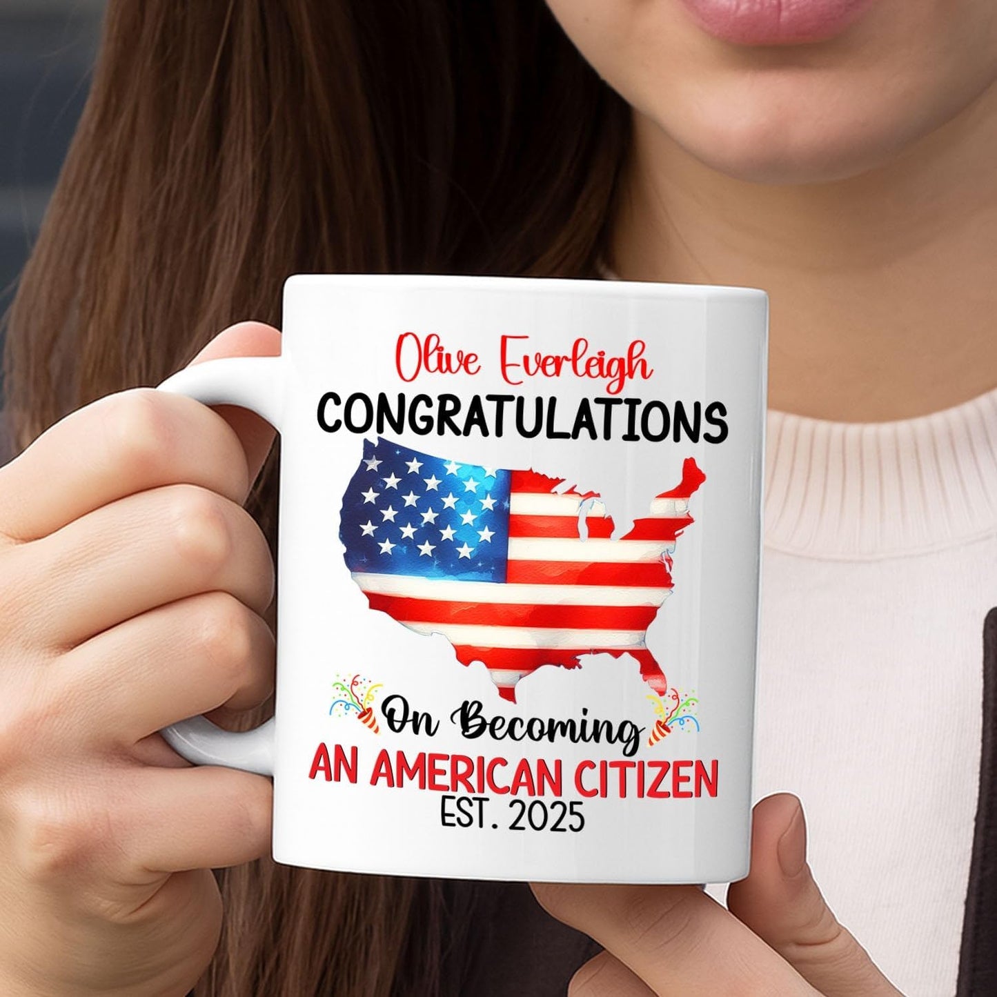 Congratulations On Becoming An American Citizen White Coffee Mug, Personalized Year & Name Eagle Tea Cup Gift For Women Men On Citizenship Celebration, Customized New US Citizen Coffee Cup 11Oz 15Oz